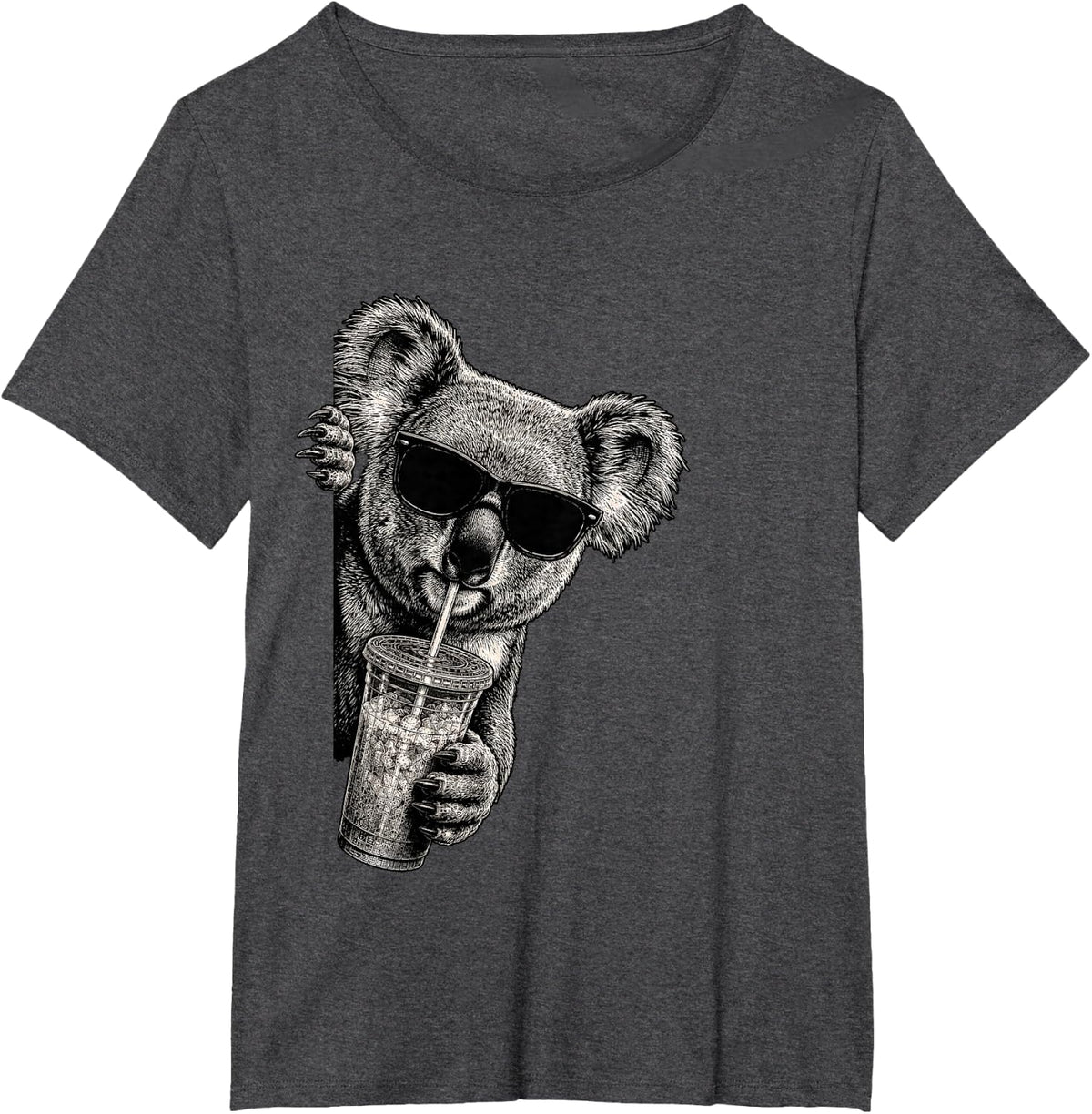 Funny Koala Bear Peeking Drinking Iced Coffee Humor T-Shirt - Dark Heather Grey