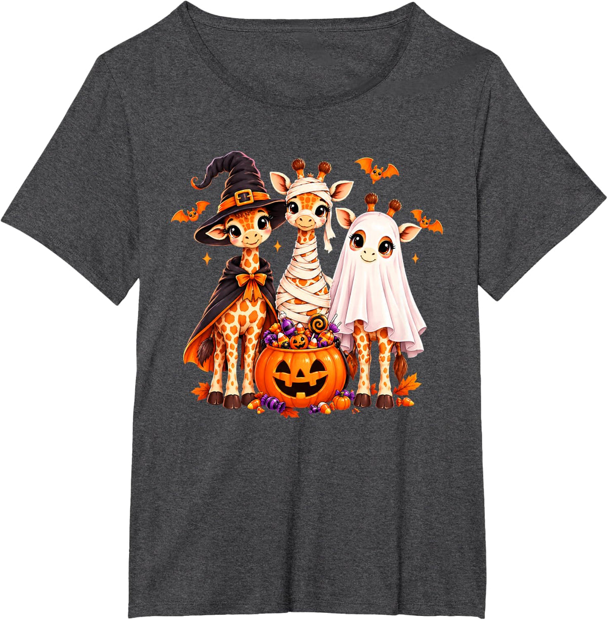 Giraffe Spooky Ghost Pumpkin Candy Halloween Animal Lovers T-Shirt - Dark Heather Grey