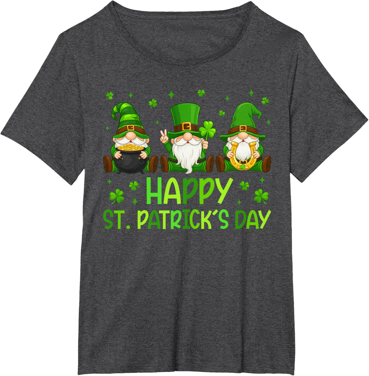 Three Gnomes Holding Shamrock Happy St Patrick's Day Women T-Shirt - Dark Heather Grey