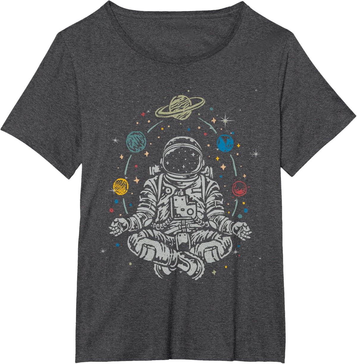 Vintage Lotus Meditating Astronaut Zen Yoga Planets Universe T-Shirt - Dark Heather Grey