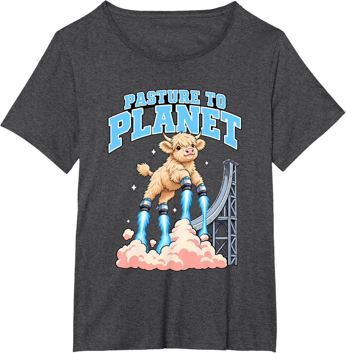 Pasture to Planet Highland Cow Lover Flying Humor T-Shirt - Dark Heather Grey
