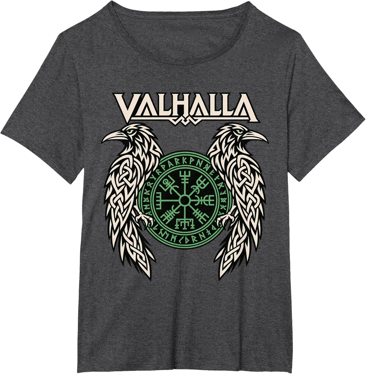 Valhalla Huginn Muninn Ravens Nordic Vegvisir Art T-Shirt - Dark Heather Grey
