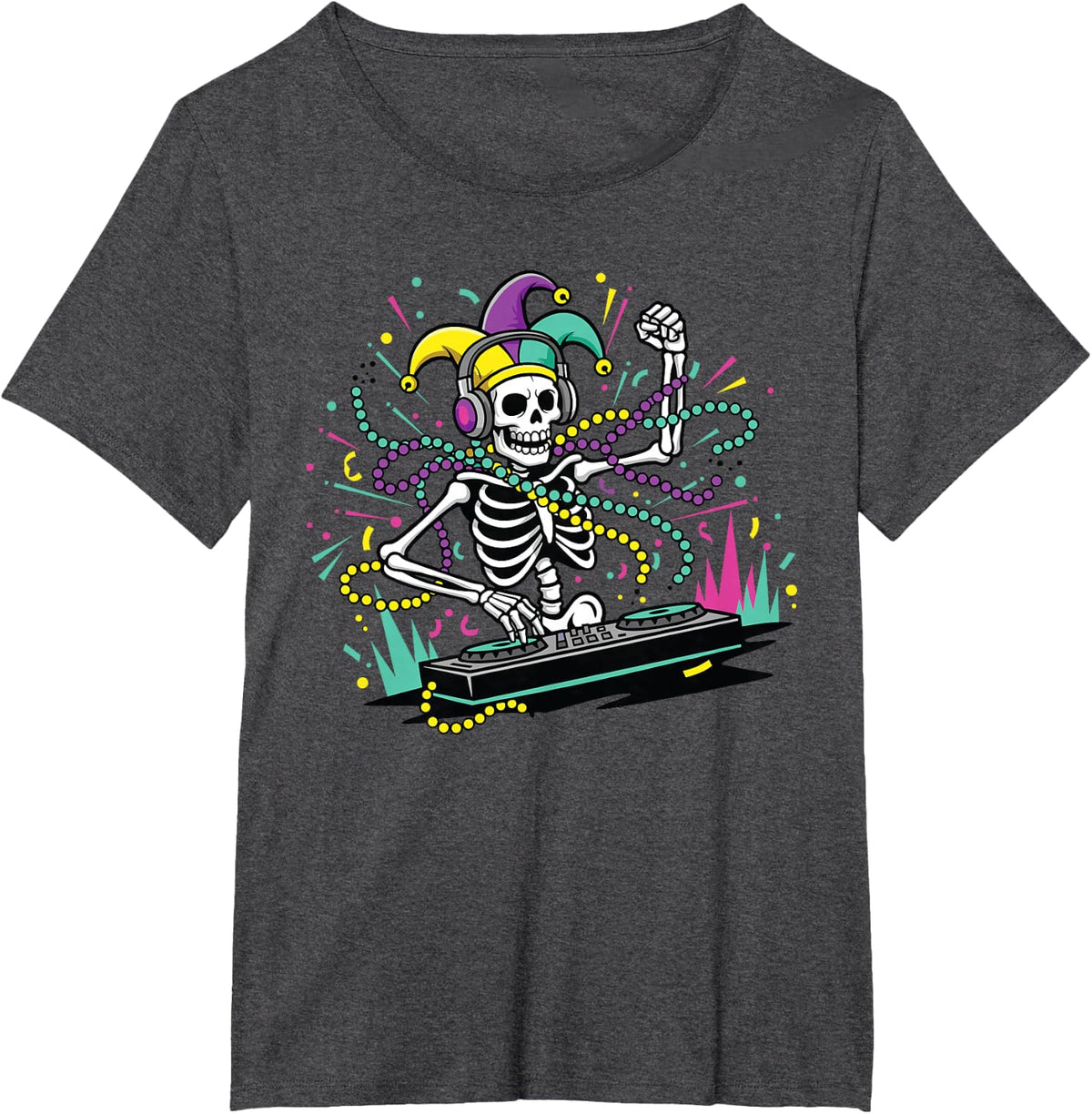 Mardi Gras DJ Skeleton Shirt Funny Party Dance Tee T-Shirt - Dark Heather Grey