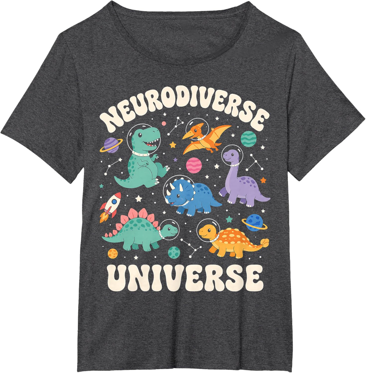 Neurodiverse Universe Cute Space Dinosaurs Autism Aware T-Shirt - Dark Heather Grey