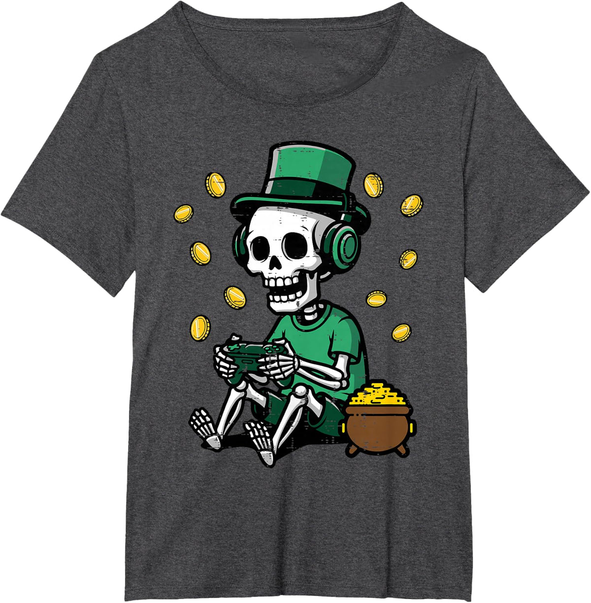 St Patricks Day Gamer Skeleton Saint Paddys Men Boys Kids T-Shirt - Dark Heather Grey