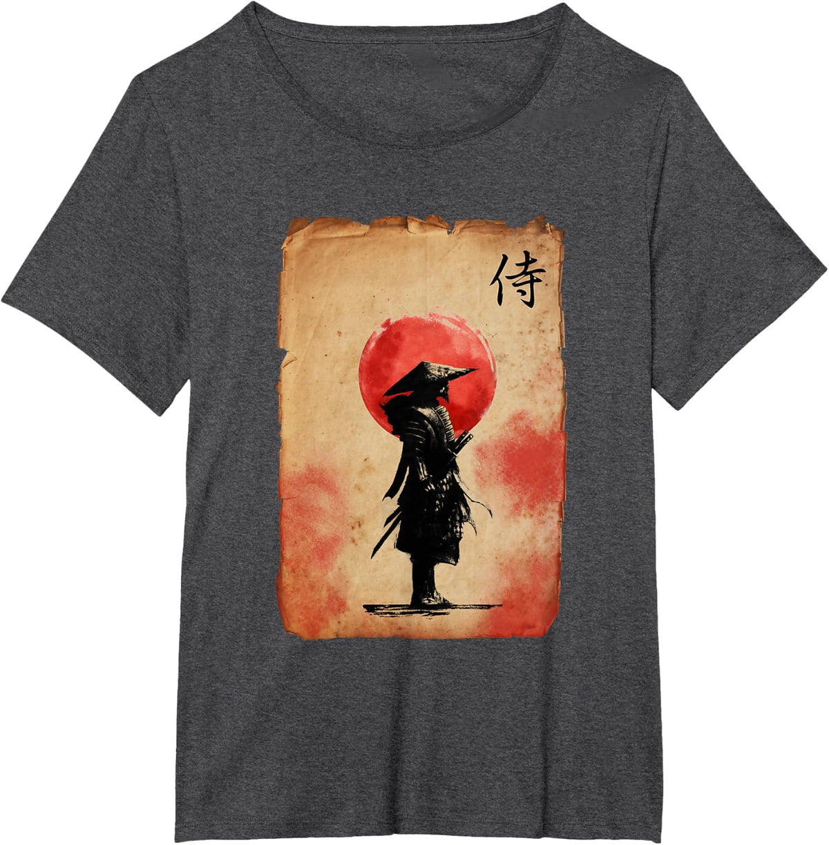 Japanese Woodblock Samurai Vintage Retro Art T-Shirt - Dark Heather Grey
