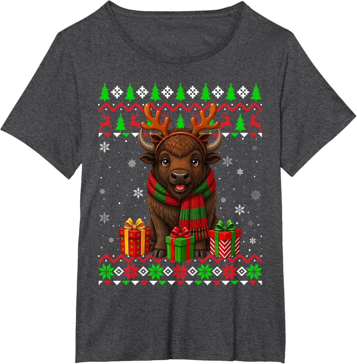 Buffalo Christmas Ugly Sweaters Festive Buffalo Animal Xmas T-Shirt - Dark Heather Grey