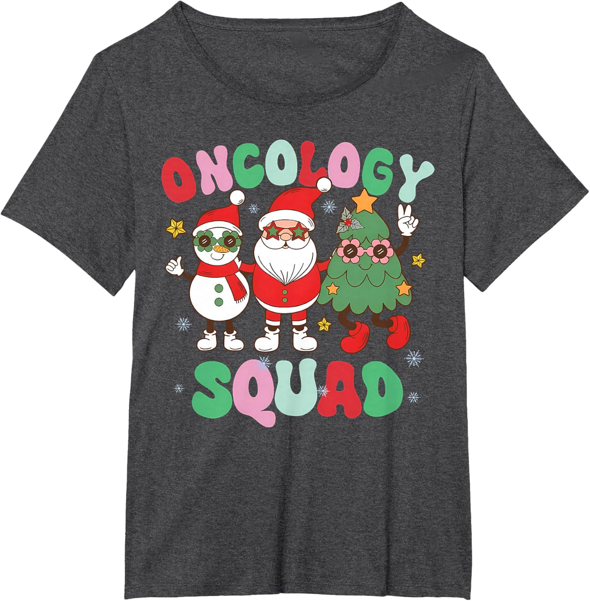Christmas Oncology Squad Nurse Snowman Santa Xmas Tree T-Shirt - Dark Heather Grey