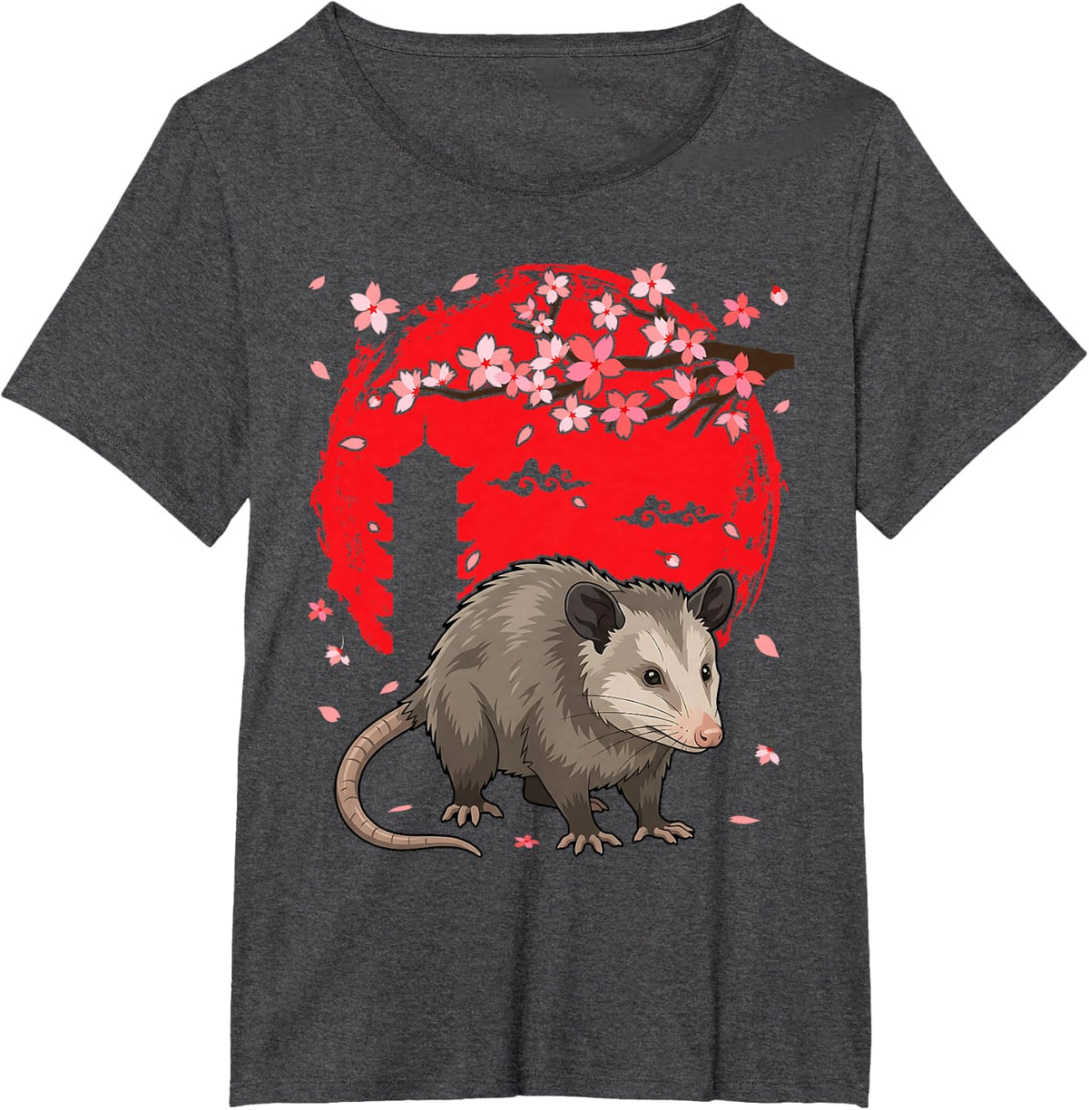 Opossum Sakura Cherry Blossom Possum Japanese Art Graphic T-Shirt - Dark Heather Grey