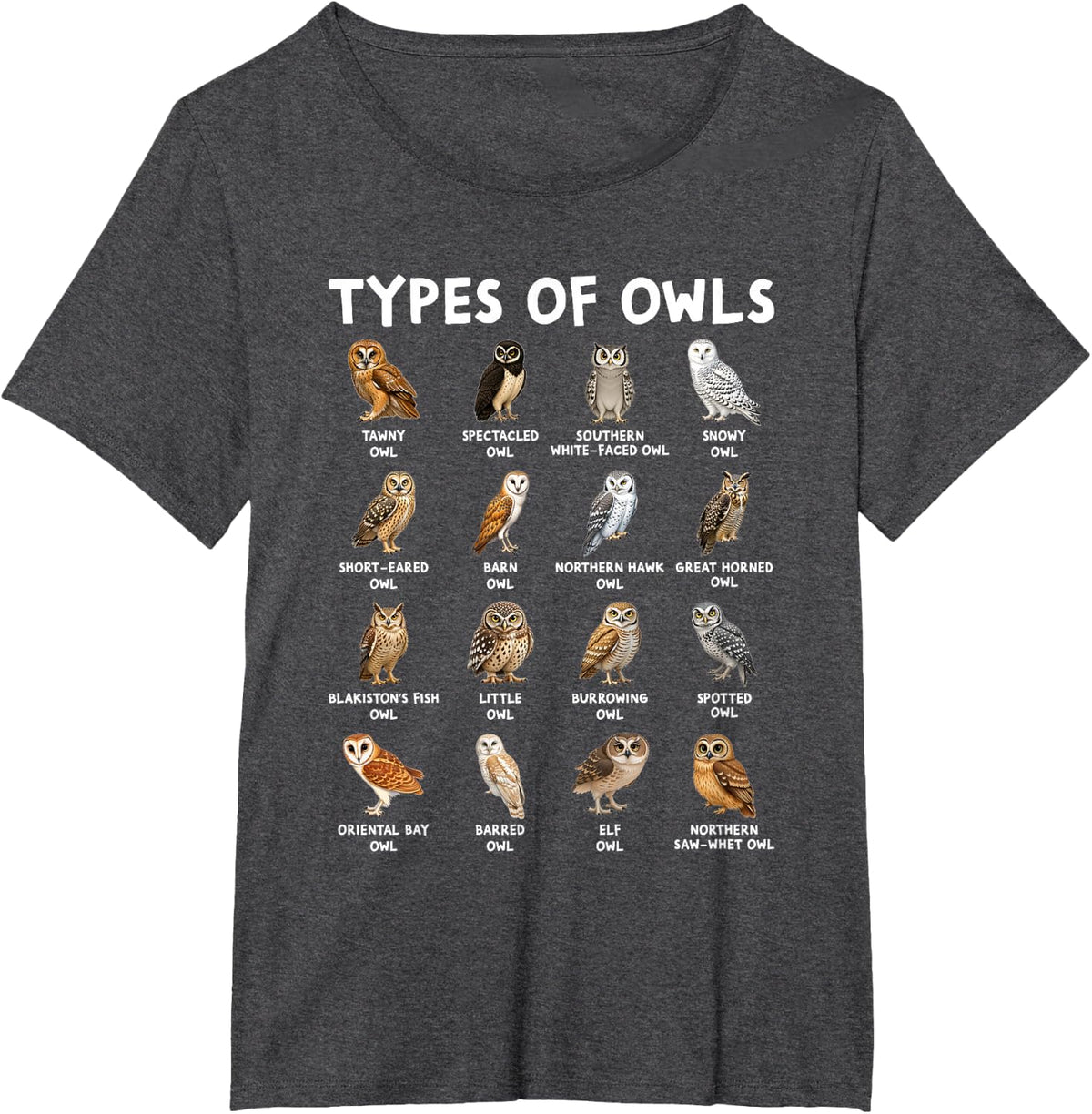 Types of Owls Bird Identification Chart for Birdwatchers T-Shirt - Dark Heather Grey