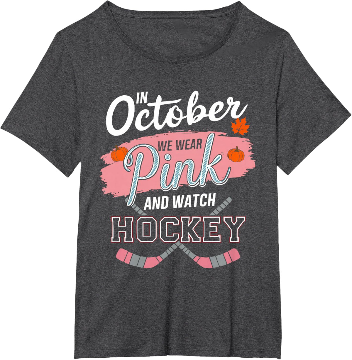 Ice Hockey Breast Cancer Awareness Month Pink Ribbon T-Shirt - Dark Heather Grey