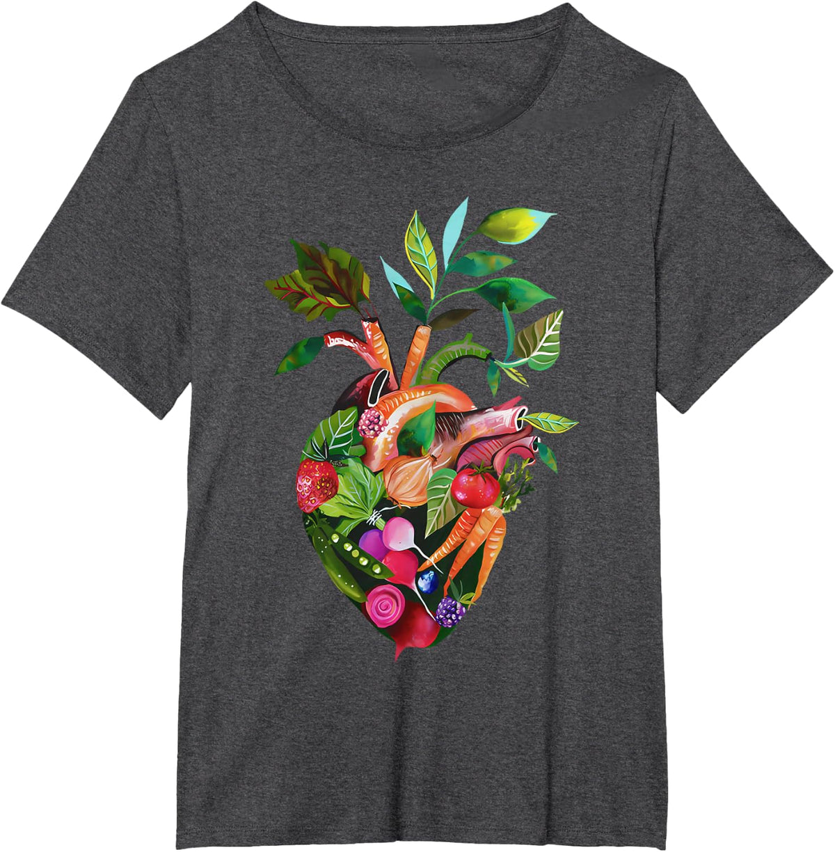 Watercolor Anatomical Heart With Vegetable Vegans Gardeners T-Shirt - Dark Heather Grey