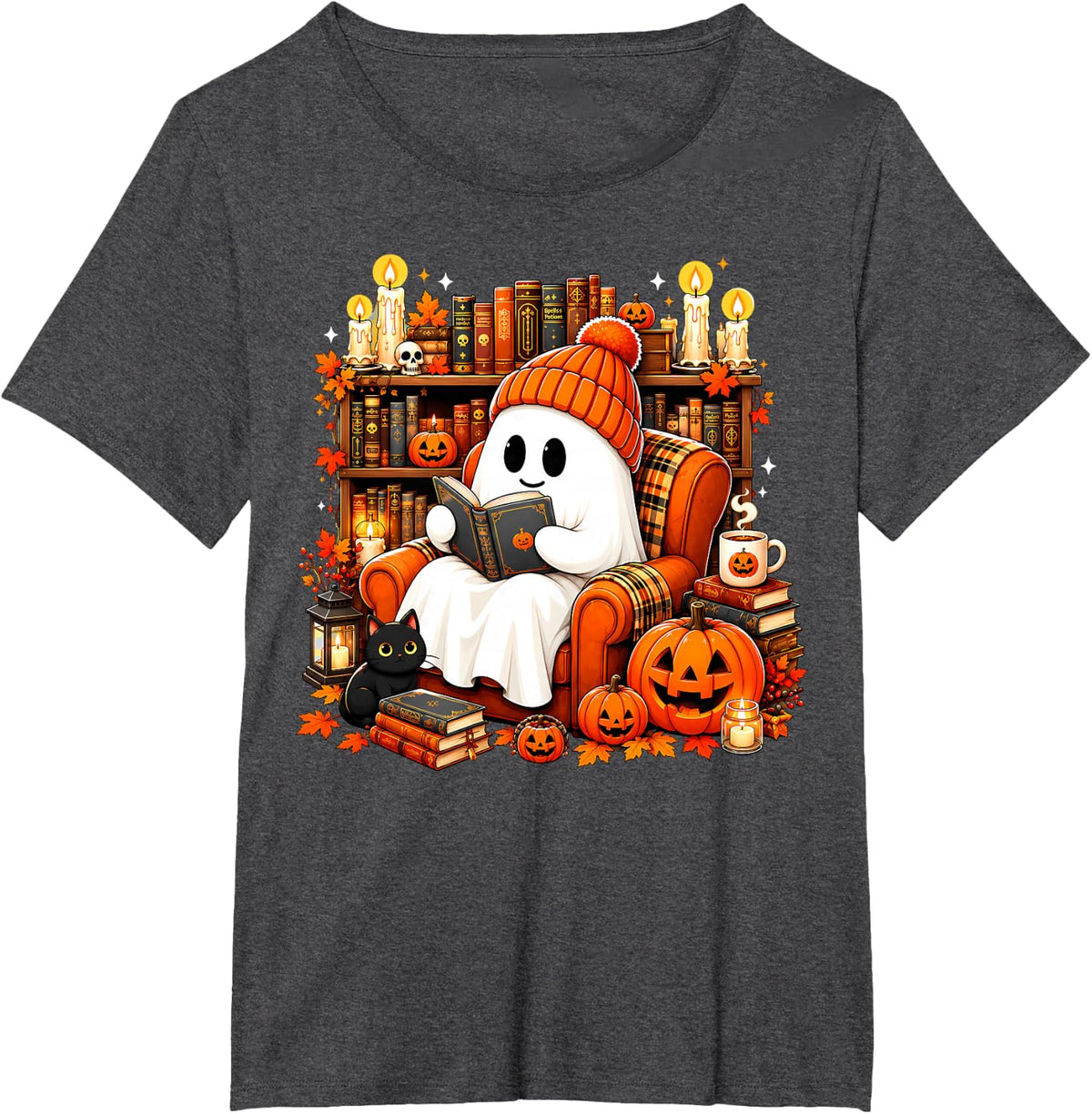 Cute Ghost Reading Book Lovers Autumn Fall Halloween Ghost T-Shirt - Dark Heather Grey