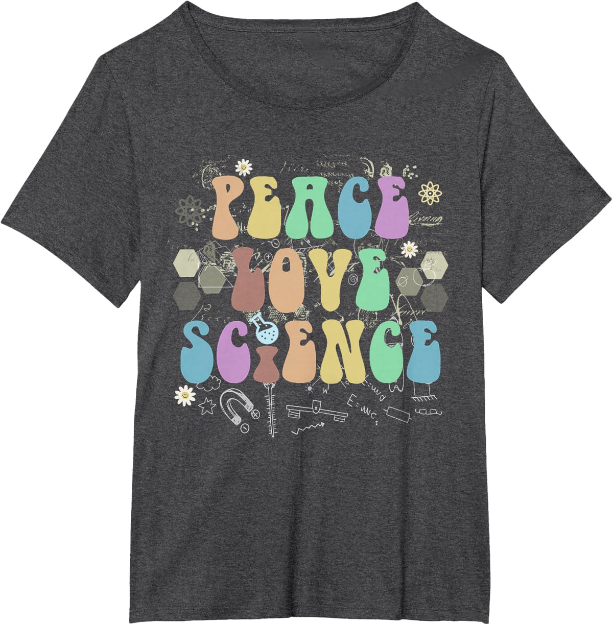 Groovy PEACE LOVE SCIENCE Technology Team STEM Biology Squad T-Shirt - Dark Heather Grey
