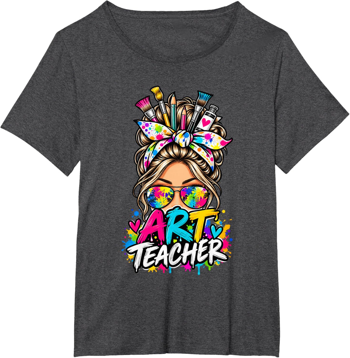Art Teacher Women Messy Bun Paint Splatter Sunglasses T-Shirt - Dark Heather Grey