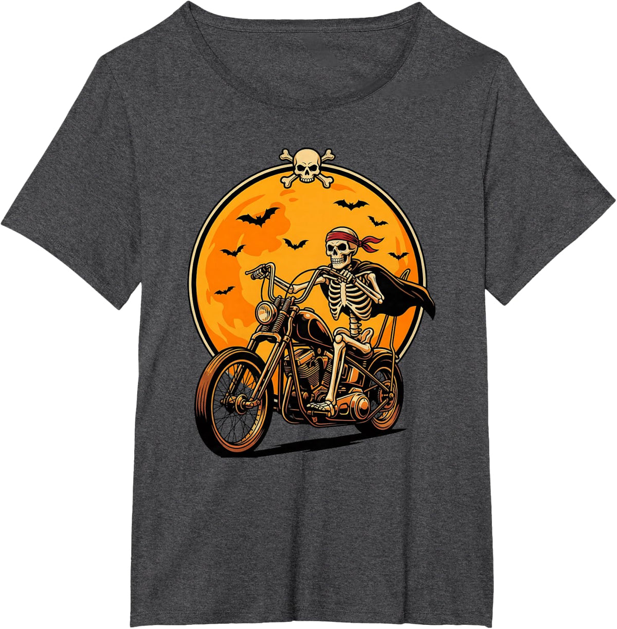 Skeleton Biker Riding Chopper Motorcycle Halloween Moon T-Shirt - Dark Heather Grey
