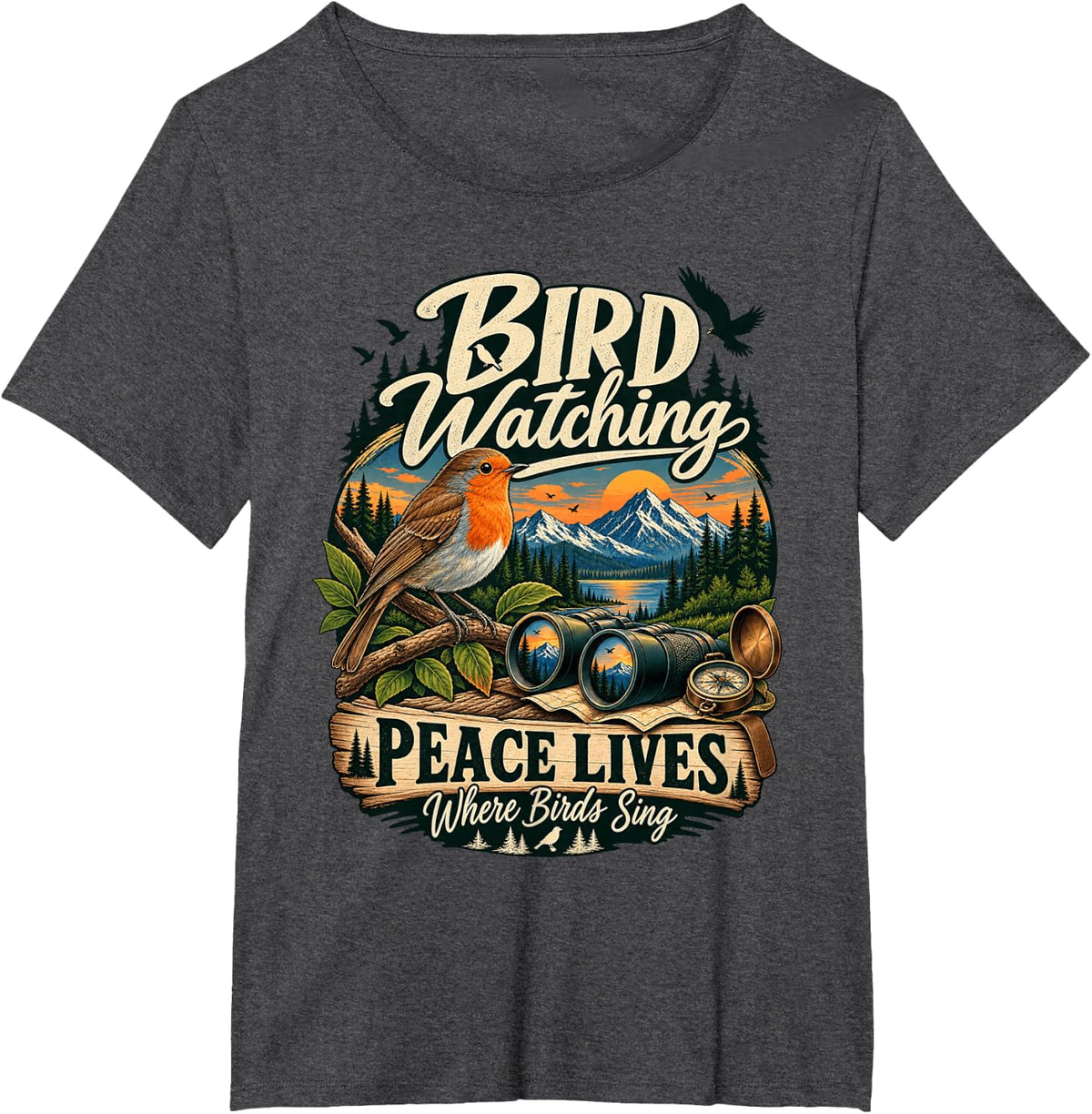 Bird Watching Peace Lives Where Birds Sing Birder T-Shirt - Dark Heather Grey