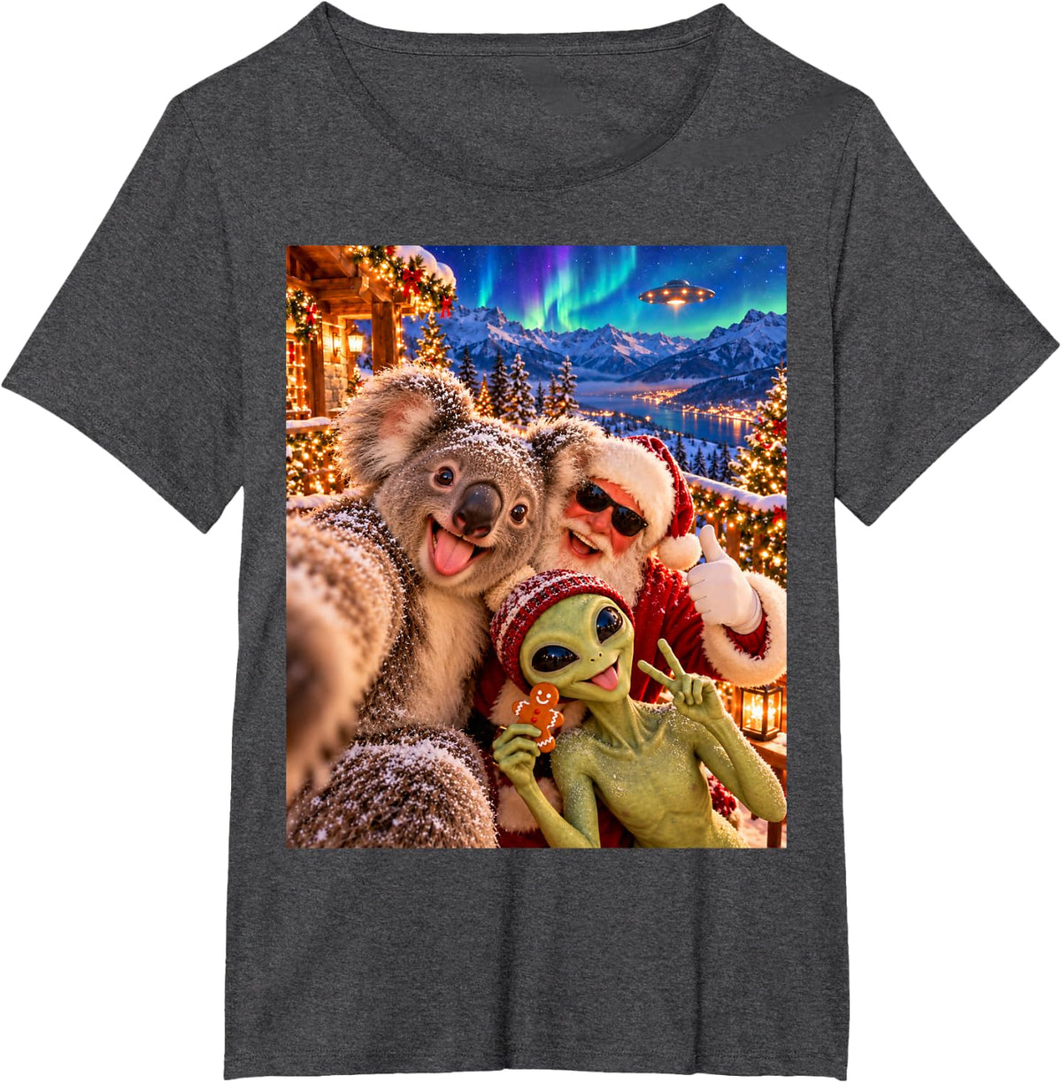 Koala Smiling Christmas Selfie with Santa and Alien T-Shirt - Dark Heather Grey