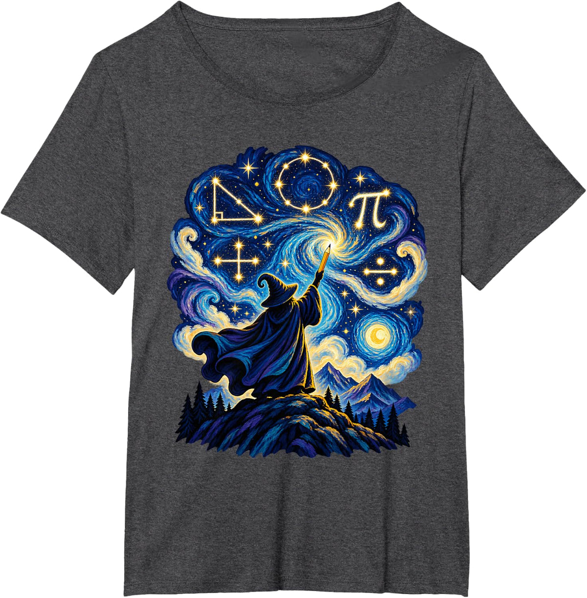 Starry Night Math Wizard Geometry Pi Algebra T-Shirt - Dark Heather Grey