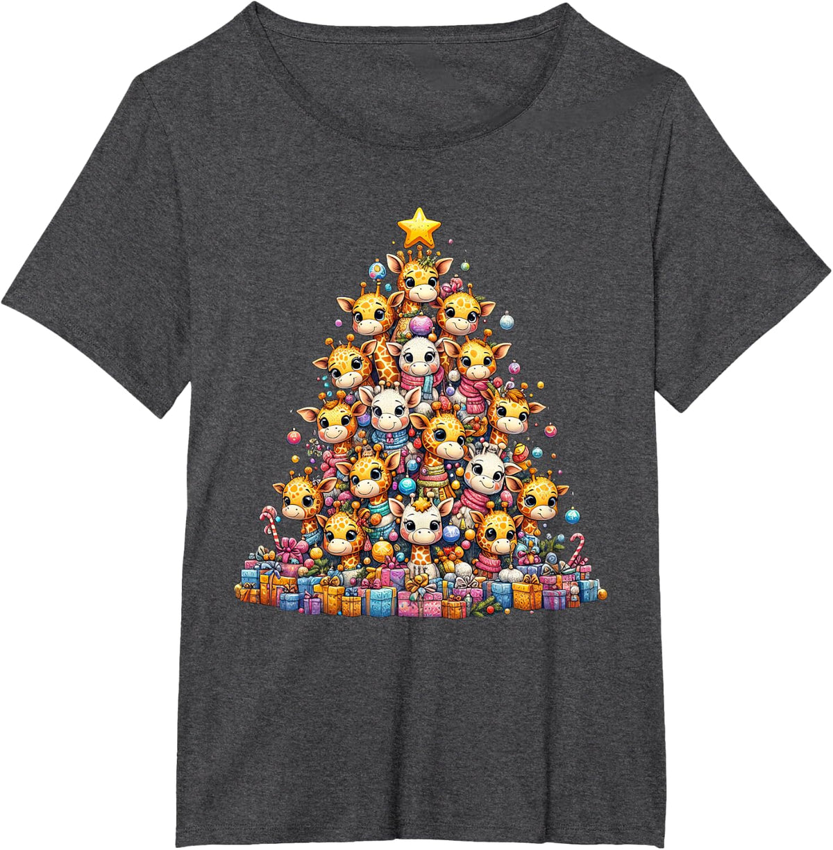 Cute Giraffe Christmas Tree Womens Mens Kids Funny T-Shirt - Dark Heather Grey
