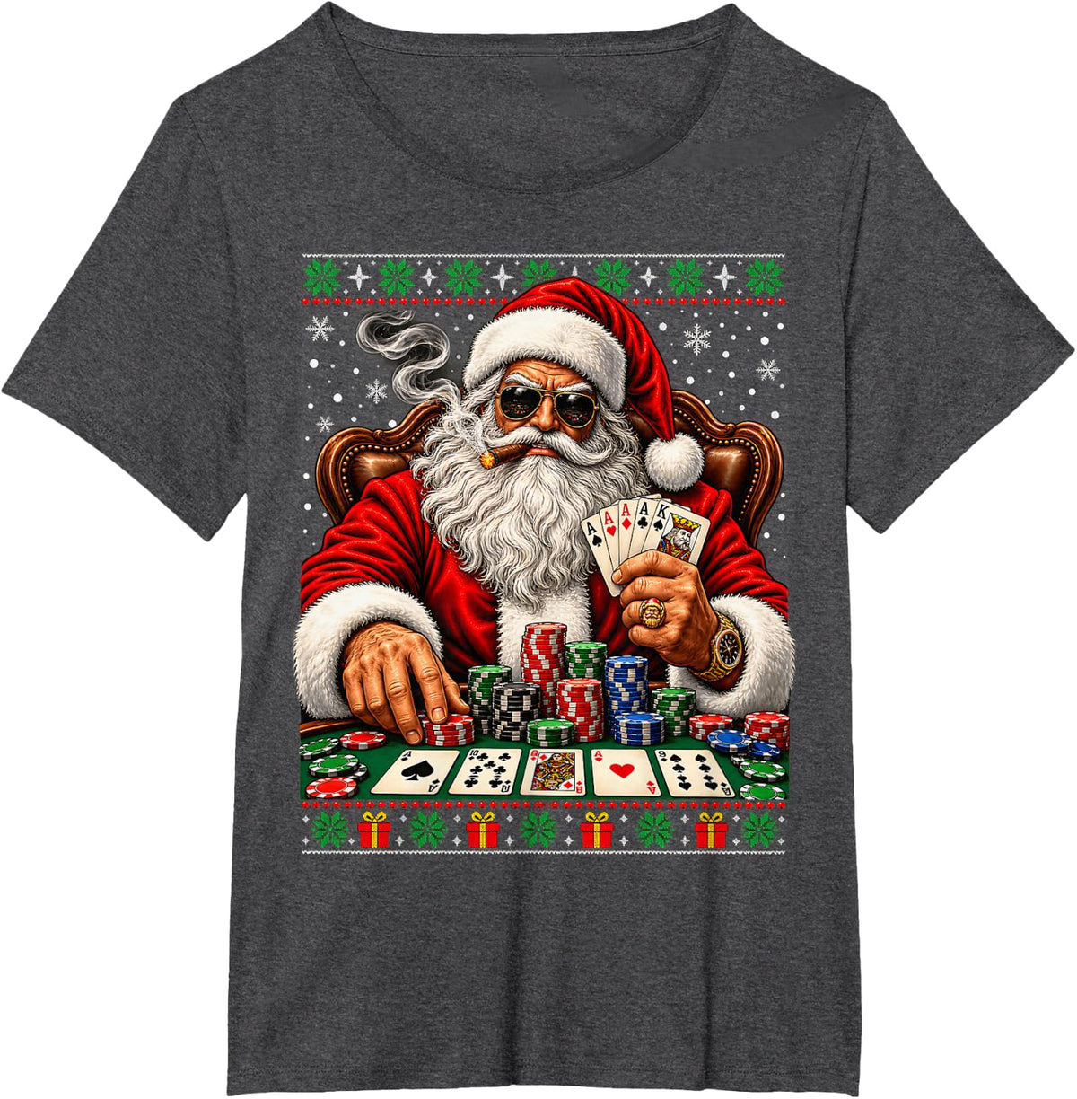 Ugly Christmas Sweater Santa Poker Player Funny Gambling T-Shirt - Dark Heather Grey