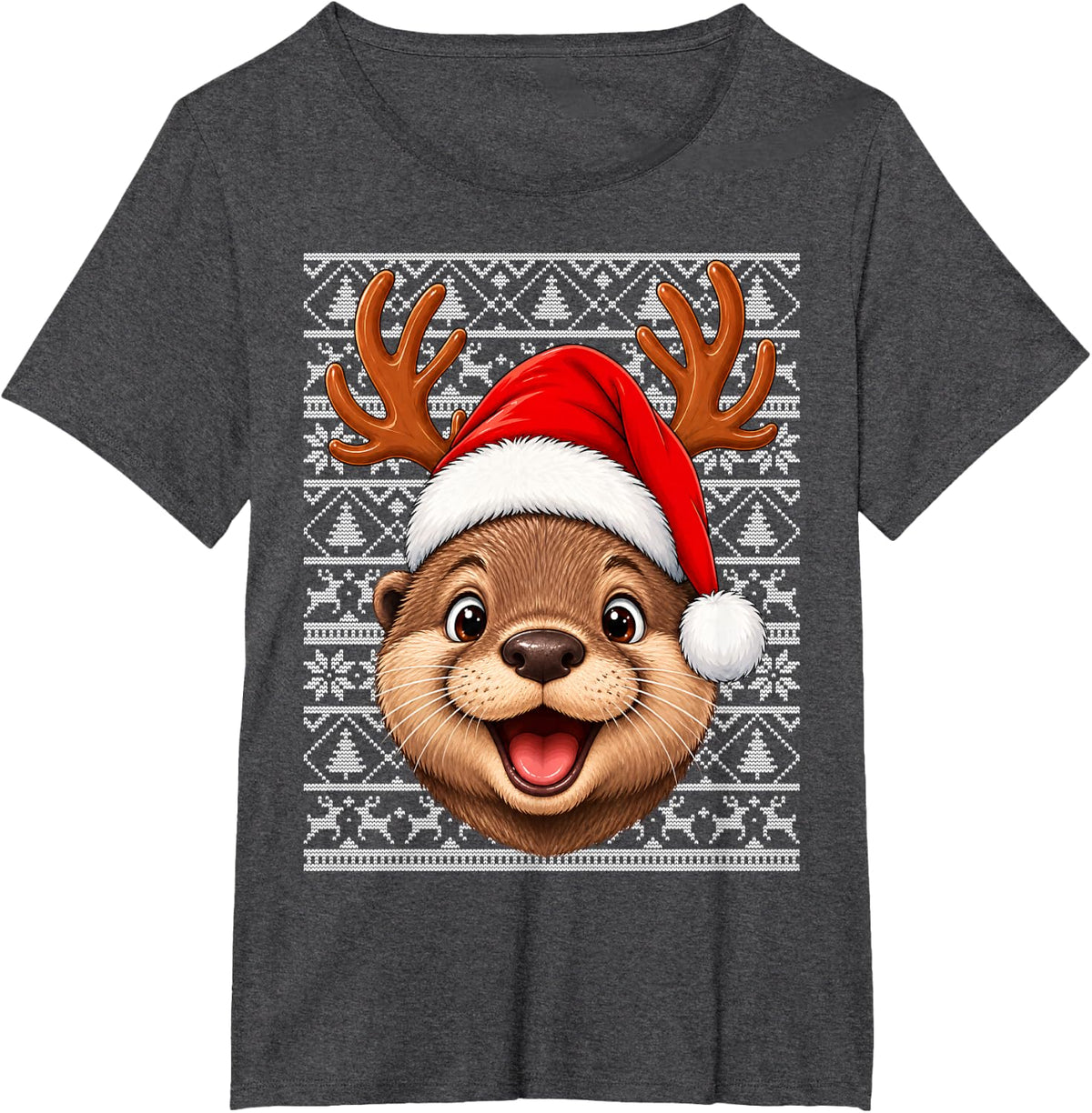 Otter Christmas Santa Hat Ugly Sweater Sea Animal Xmas T-Shirt - Dark Heather Grey