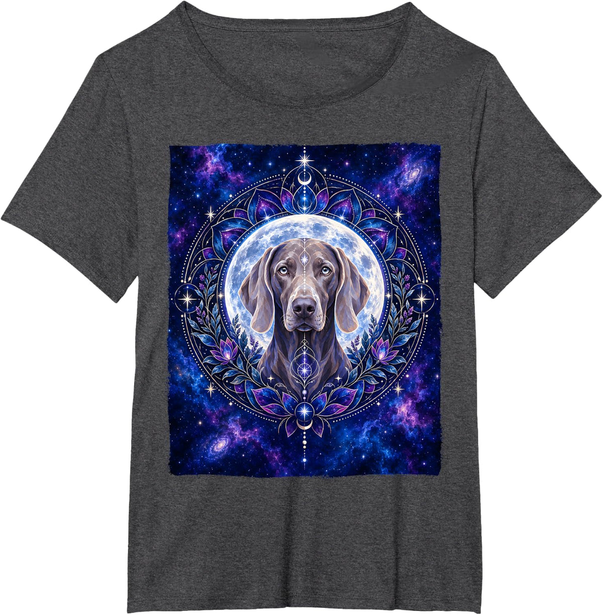 Weimaraner Moon Celestial Mystical Mandala Galaxy Lotus T-Shirt - Dark Heather Grey