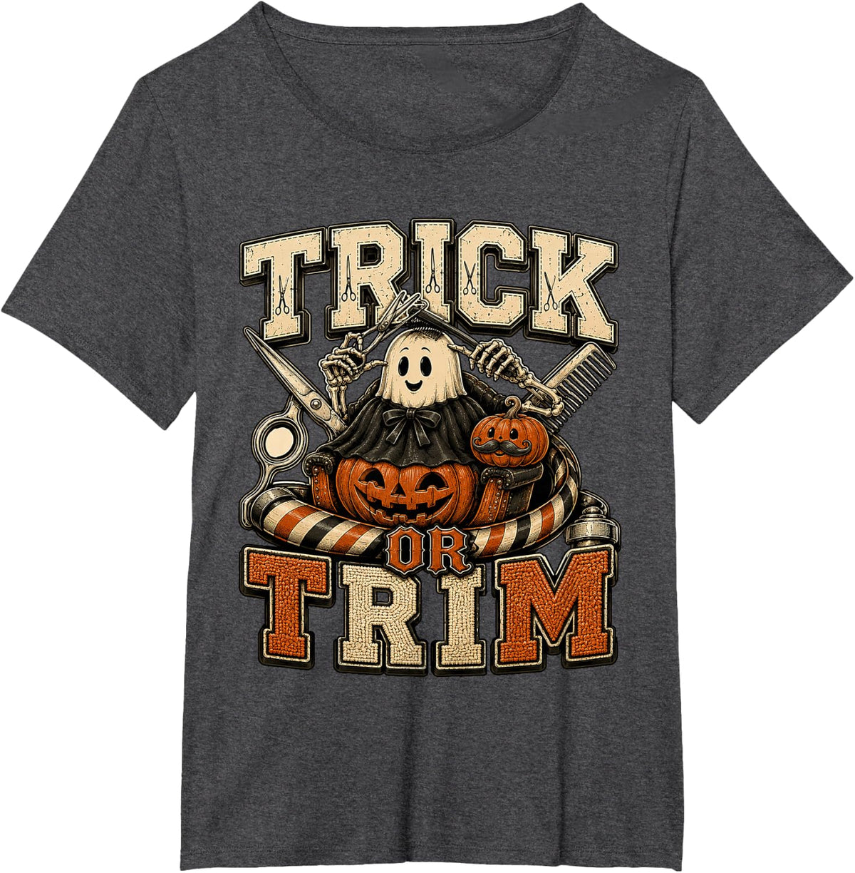 Funny Ghost Hair Stylist Trick or Trim Halloween Barber T-Shirt - Dark Heather Grey