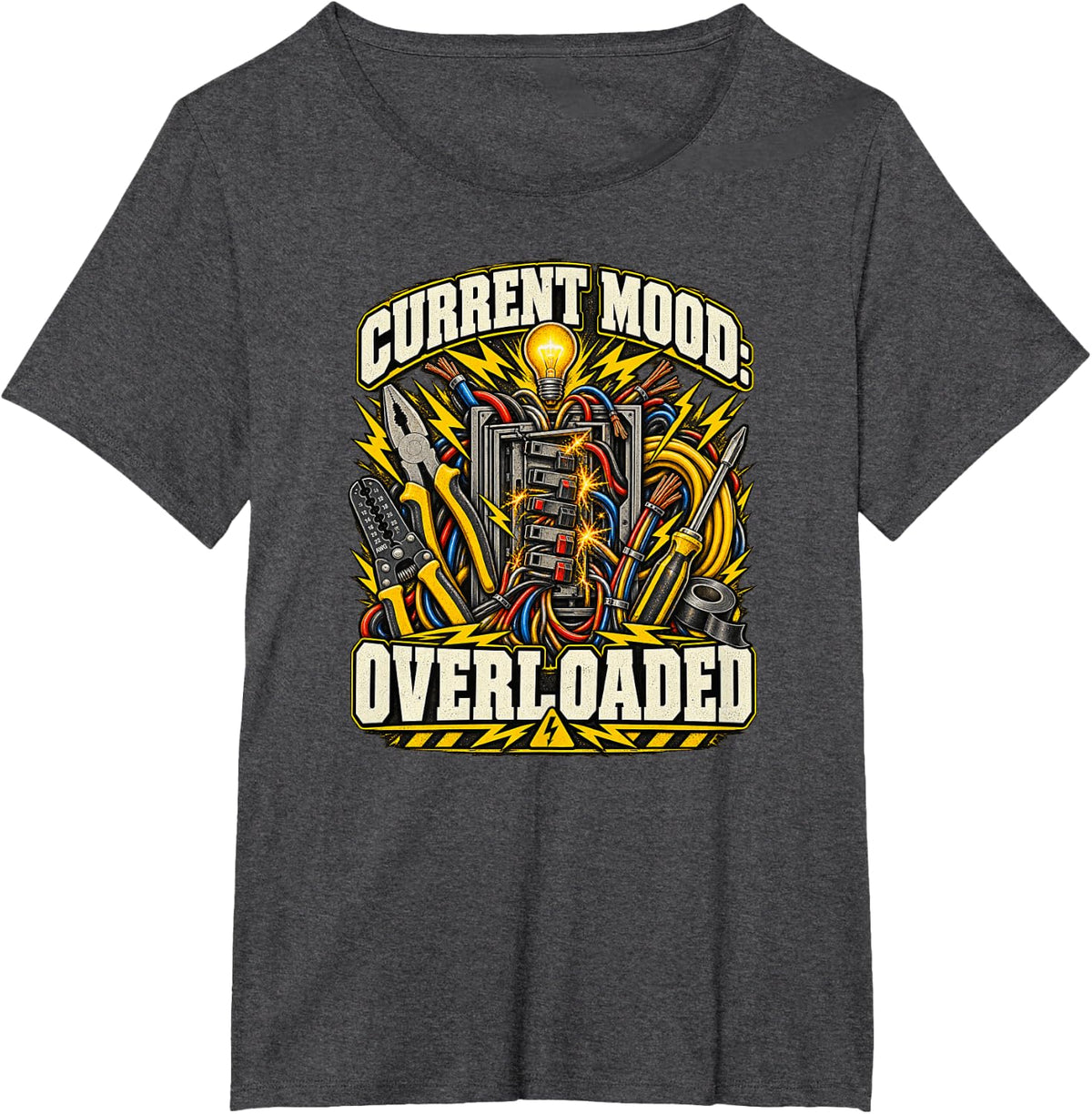 Current Mood Overloaded Electrician Work Humor T-Shirt - Dark Heather Grey