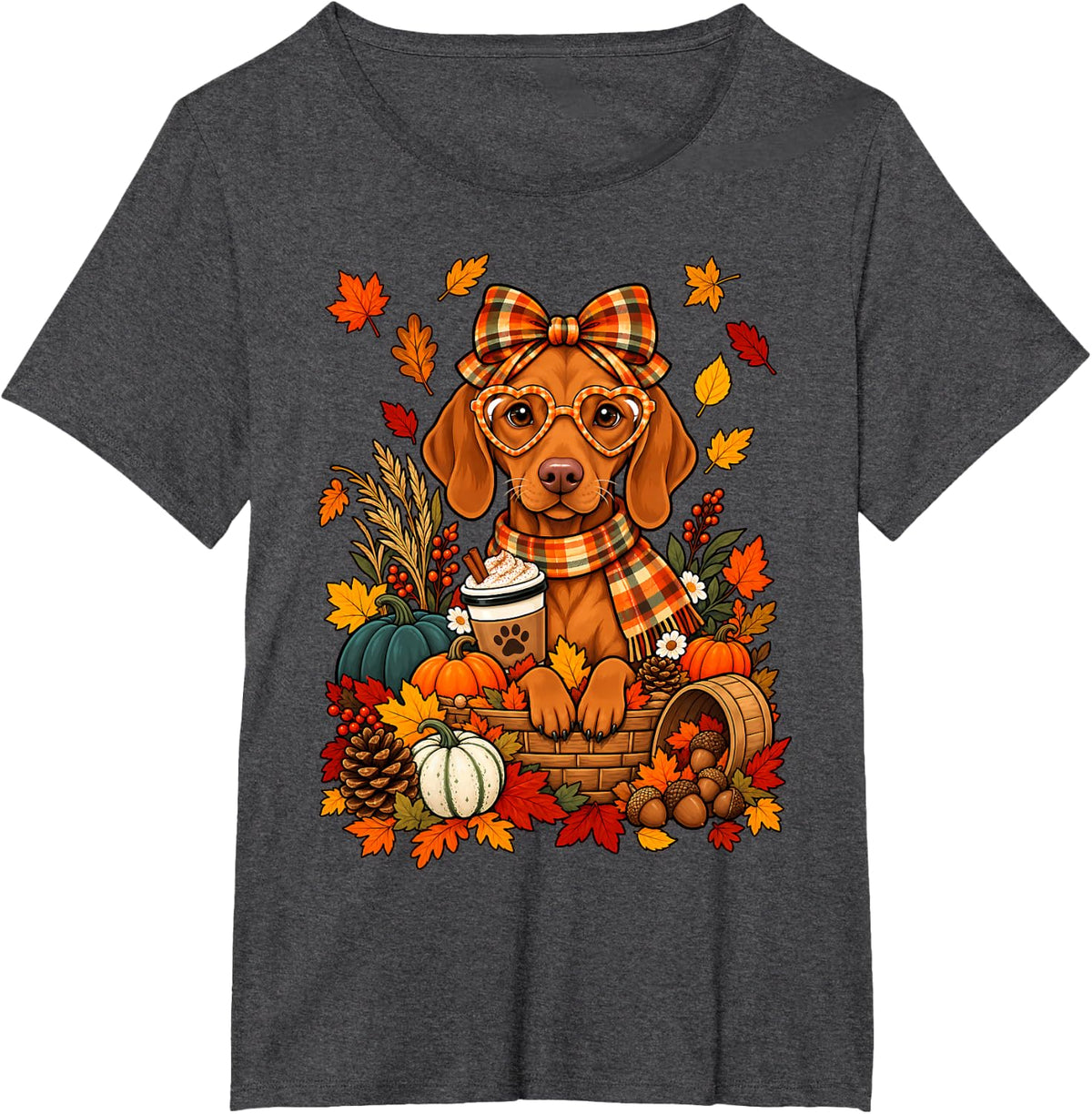 Coquette Bow Vizsla Dog Pumpkin Spice Fall Thanksgiving T-Shirt - Dark Heather Grey