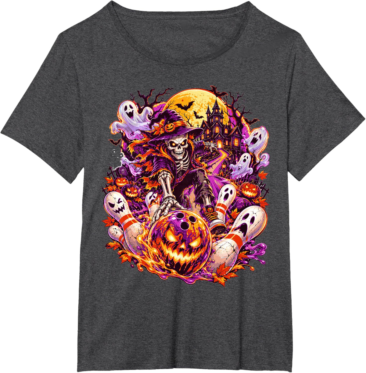 Spooky Halloween Bowling Ball Pumpkin Drip Ghost Haunted T-Shirt - Dark Heather Grey