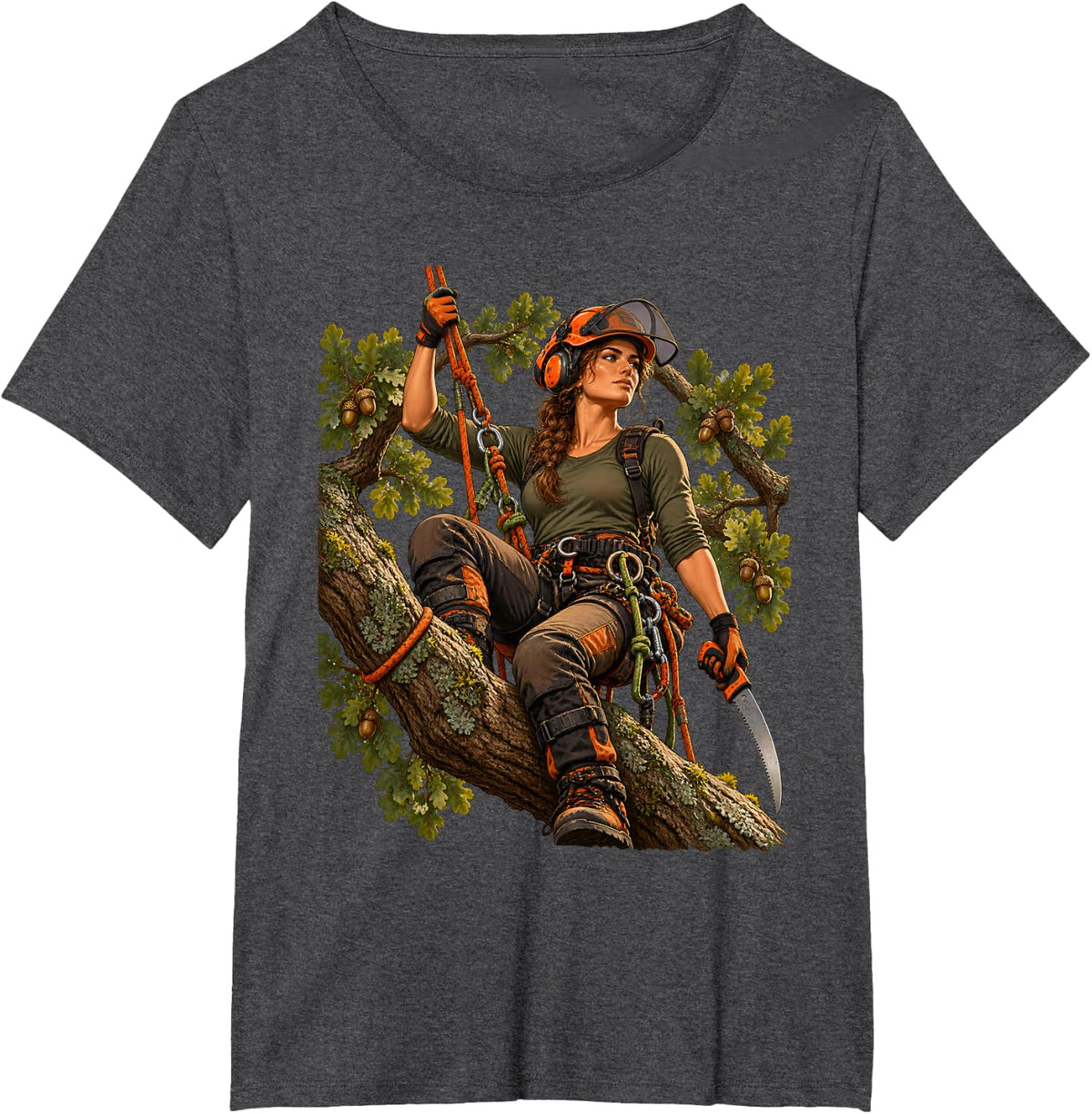 Female Arborist Woman Tree Climber Chainsaw Tree Surgeon T-Shirt - Dark Heather Grey