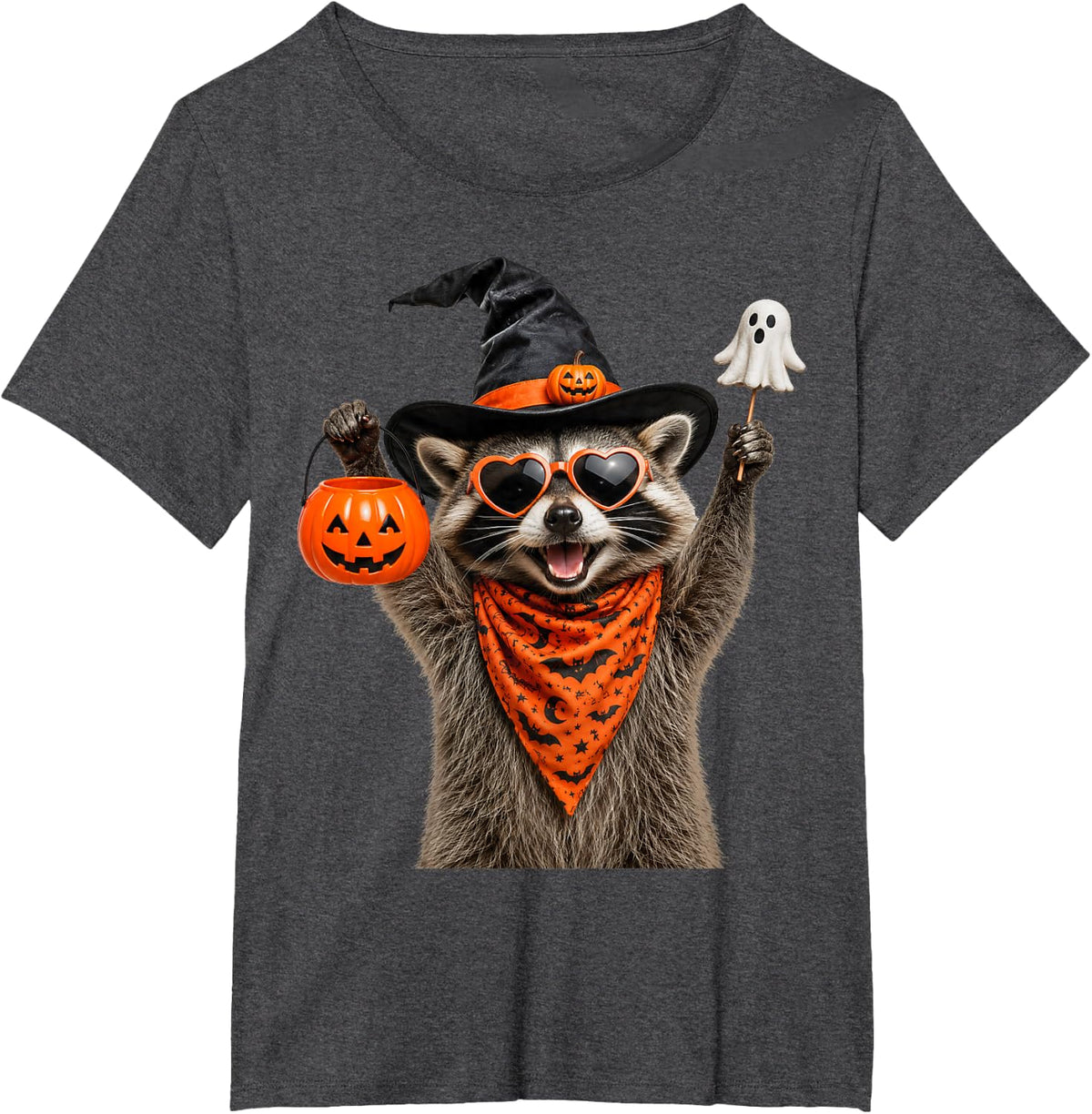 Cute Halloween Raccoon Wearing Witch Hat Spooky Pumpkin T-Shirt - Dark Heather Grey