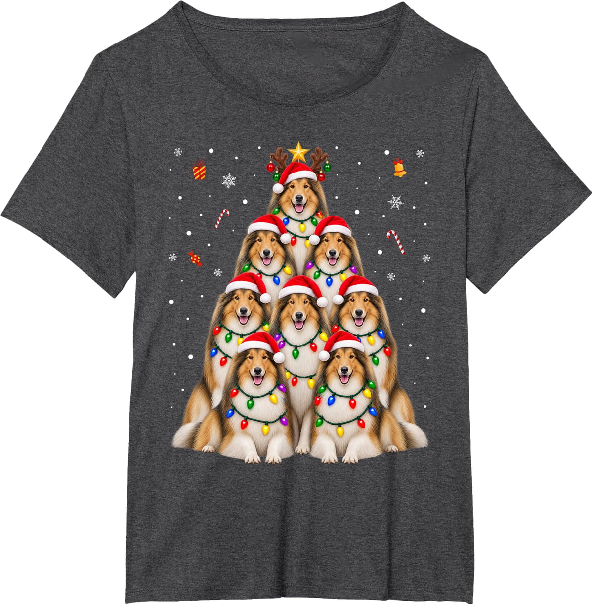 Rough Collie Christmas Tree Dogs Santa Hats Lights Xmas T-Shirt - Dark Heather Grey