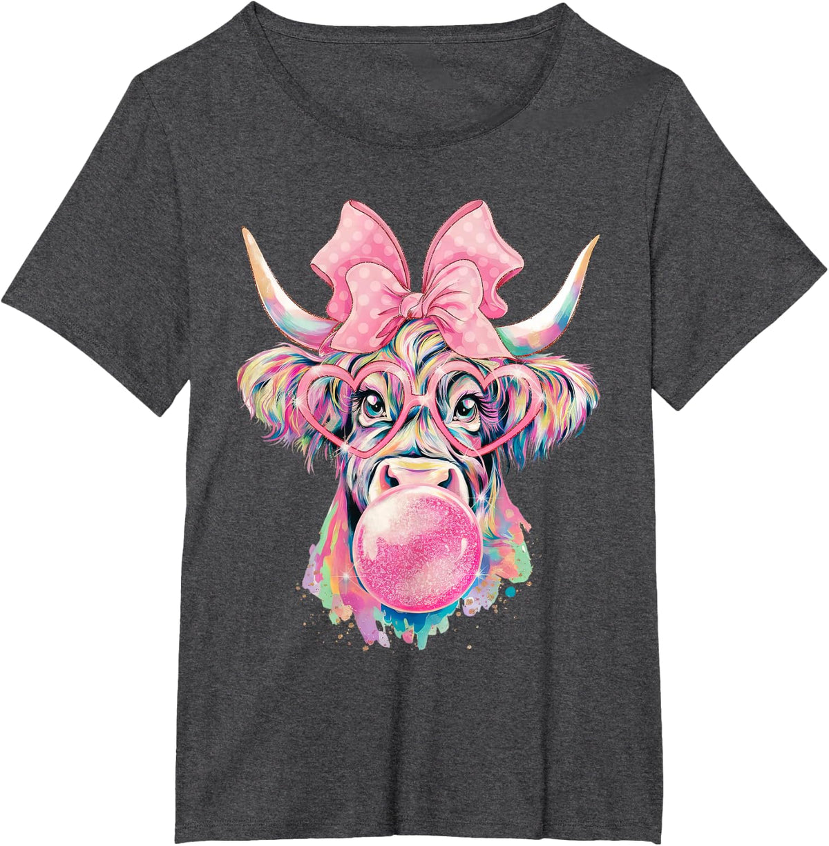 Coquette Highland Cow Bubblegum Cute Farm Lover T-Shirt - Dark Heather Grey