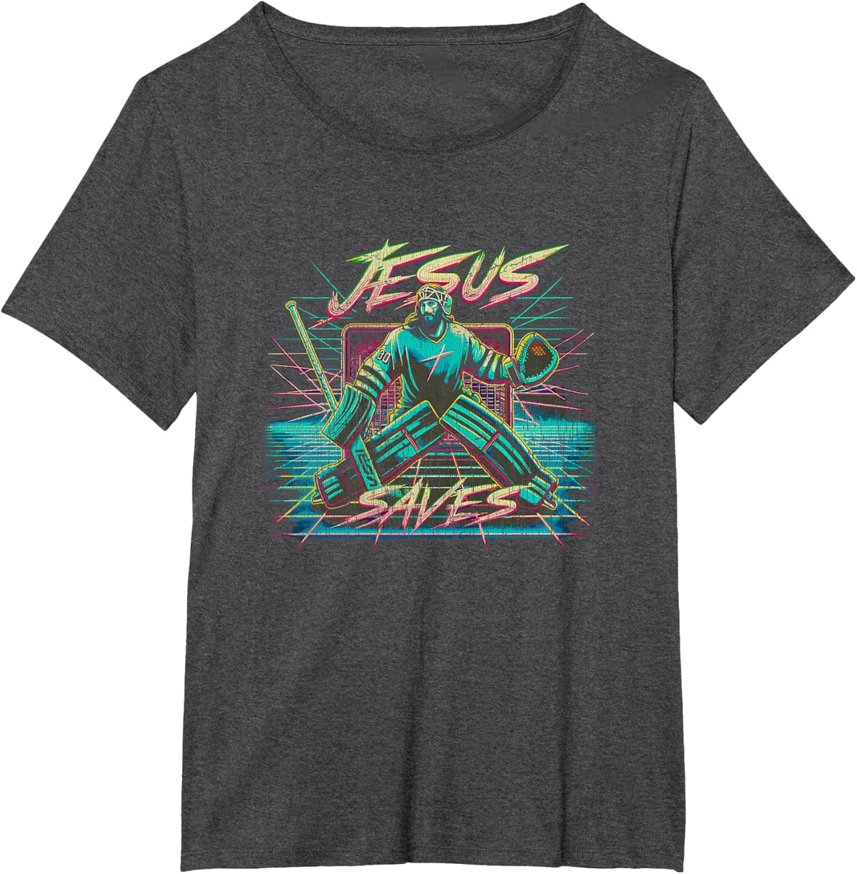 Vintage Retro Vaporwave Jesus Saves Ice Hockey Goalie T-Shirt - Dark Heather Grey