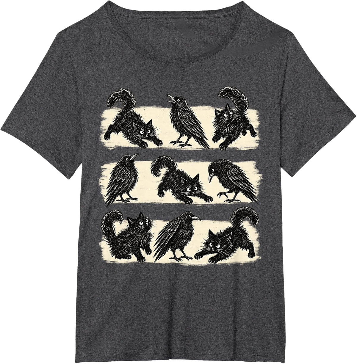 Vintage Retro Style Gothic Cats and Crows Halloween T-Shirt - Dark Heather Grey