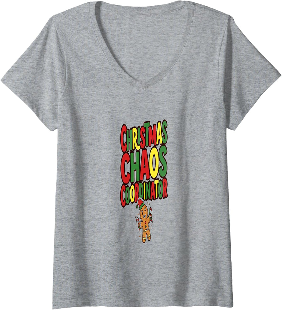 Women's Christmas Toddler Chaos Coordinator Kids Holiday Fun V-Neck T-Shirt - Heather Grey