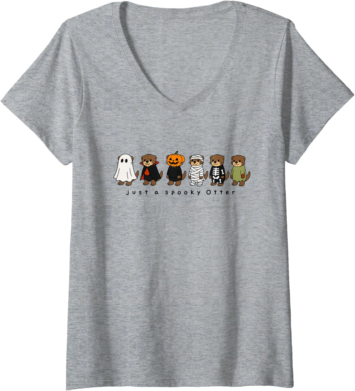 Women's Otter Cute Animal Lover Spooky Fall Halloween Graphic V-Neck T-Shirt - Heather Grey