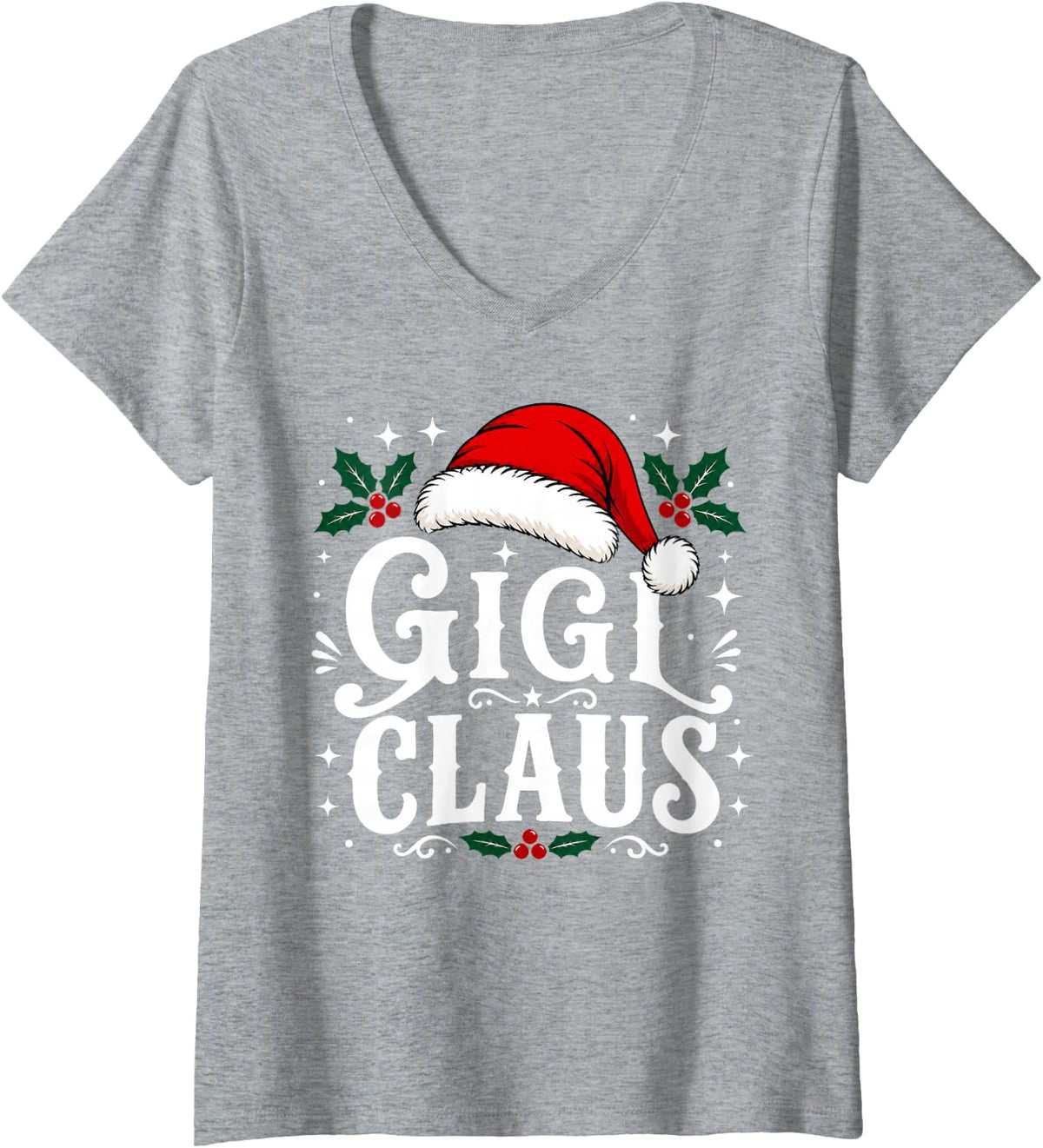 Women's Festive Gigi Claus Christmas Grandma Women Xmas V-Neck T-Shirt - Heather Grey