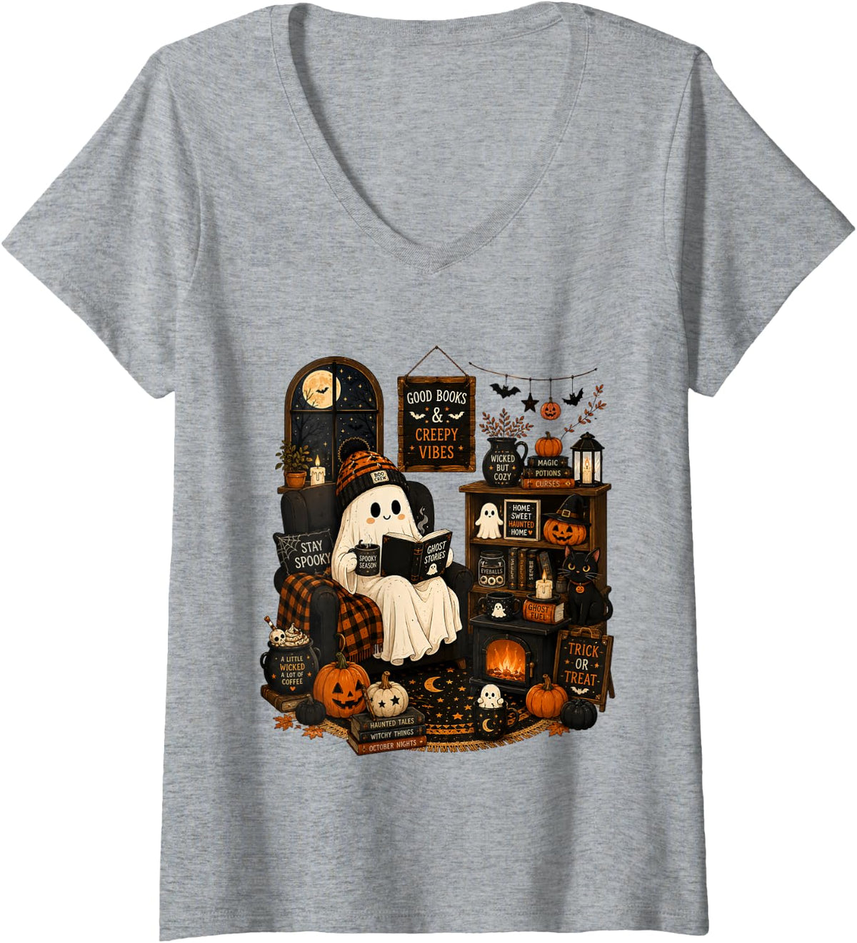 Women's Bookish Ghost Reading Ghost Stories Coffee Lover Cozy Home V-Neck T-Shirt - Heather Grey