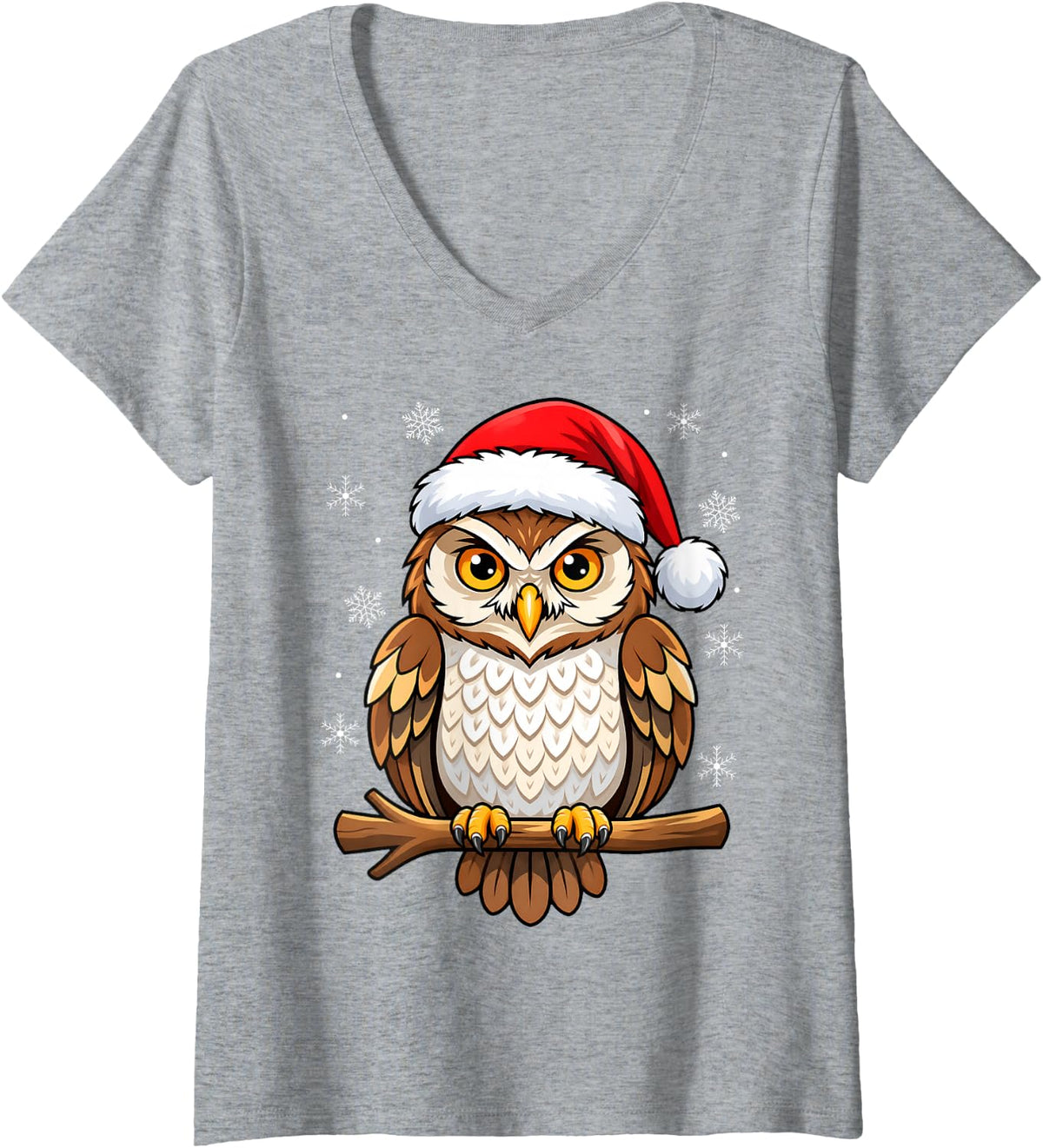 Women's Festive Christmas Owl V-Neck T-Shirt - Heather Grey