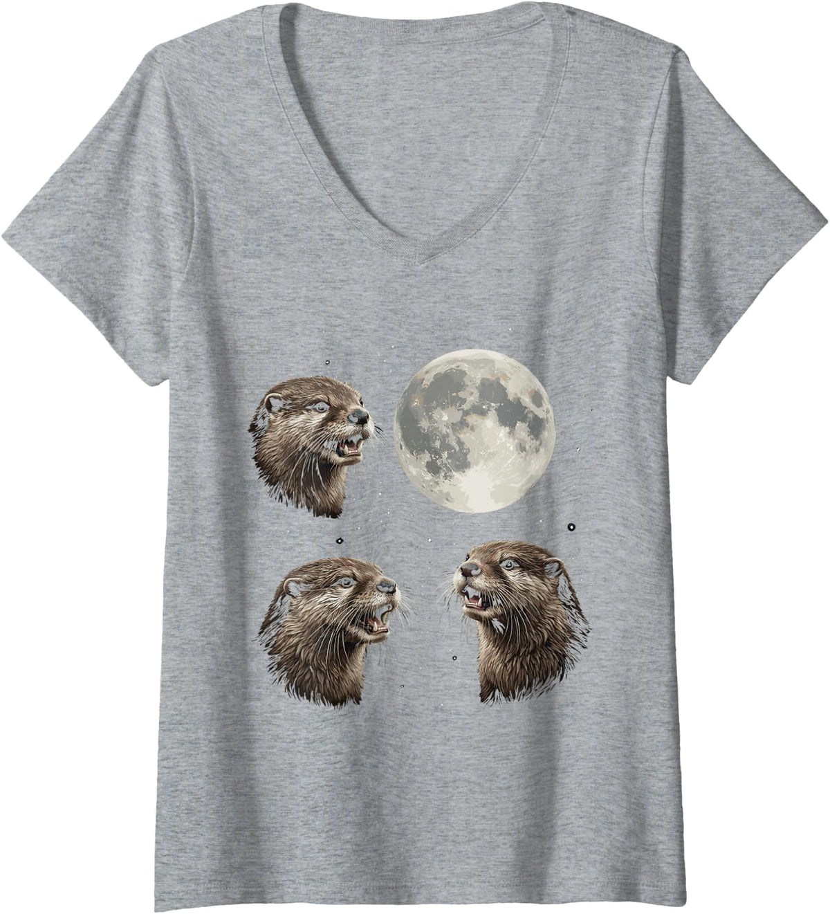 Women's Otter Full Moon Howling Otters Wildlife Animal Nature Lover V-Neck T-Shirt - Heather Grey