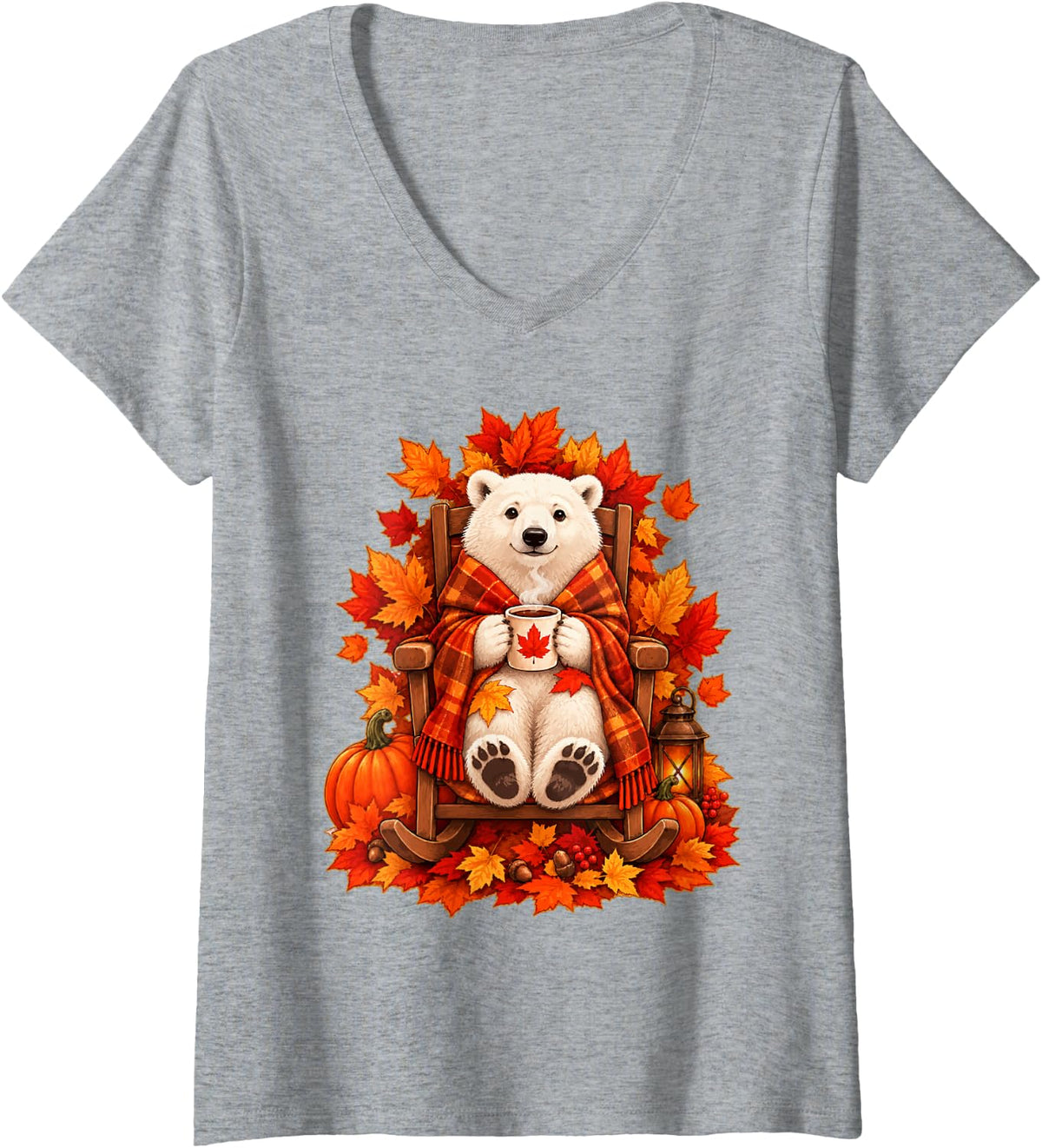 Women's Fall Polar Bear with Maple Leaves Pumpkins Autumn Animal V-Neck T-Shirt - Heather Grey