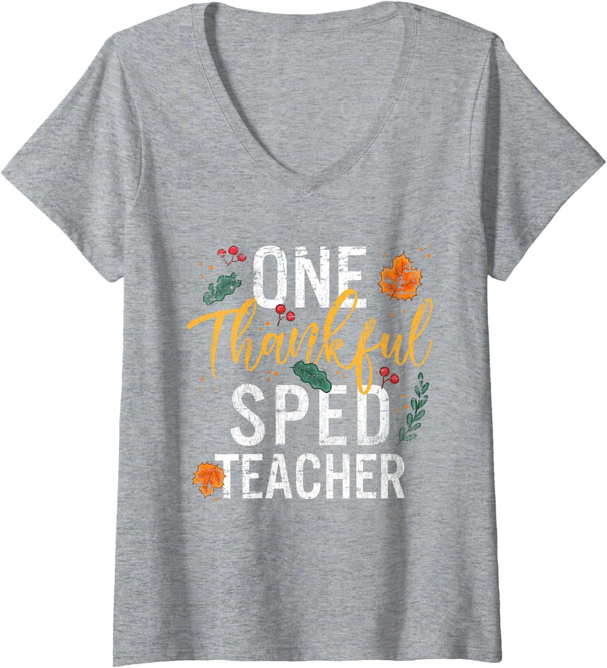 Women's One Thankful SPED Teacher Thanksgiving Vintage V-Neck T-Shirt - Heather Grey