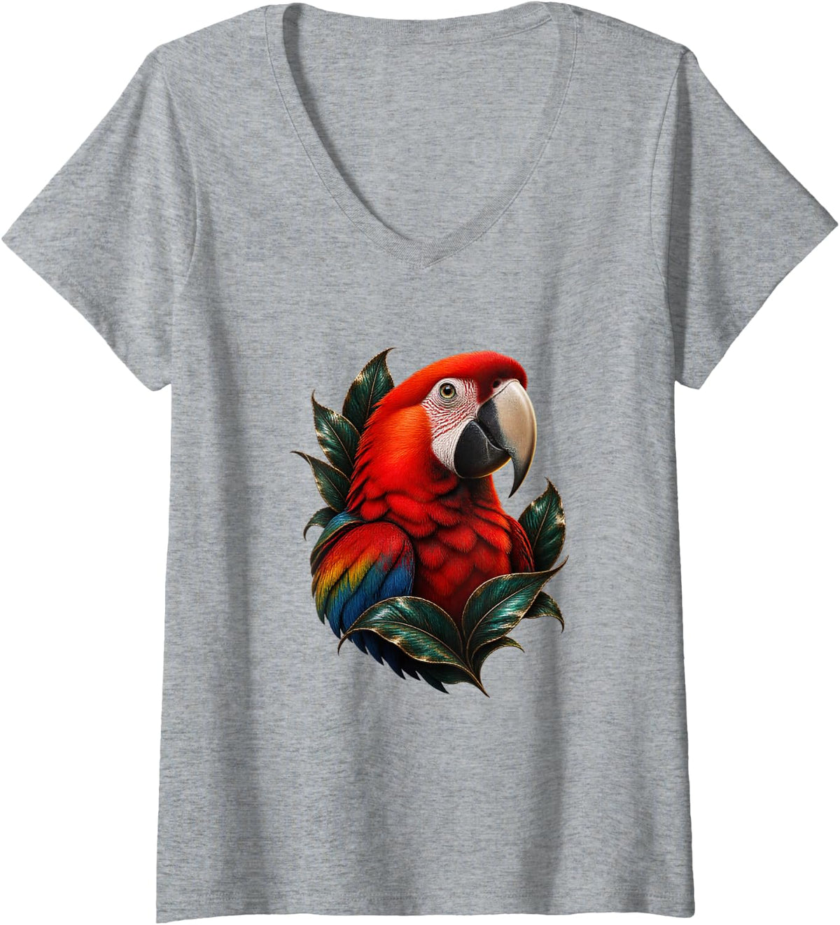 Women's Scarlet Macaw with Jade Leaf Blades Parrot Art V-Neck T-Shirt - Heather Grey