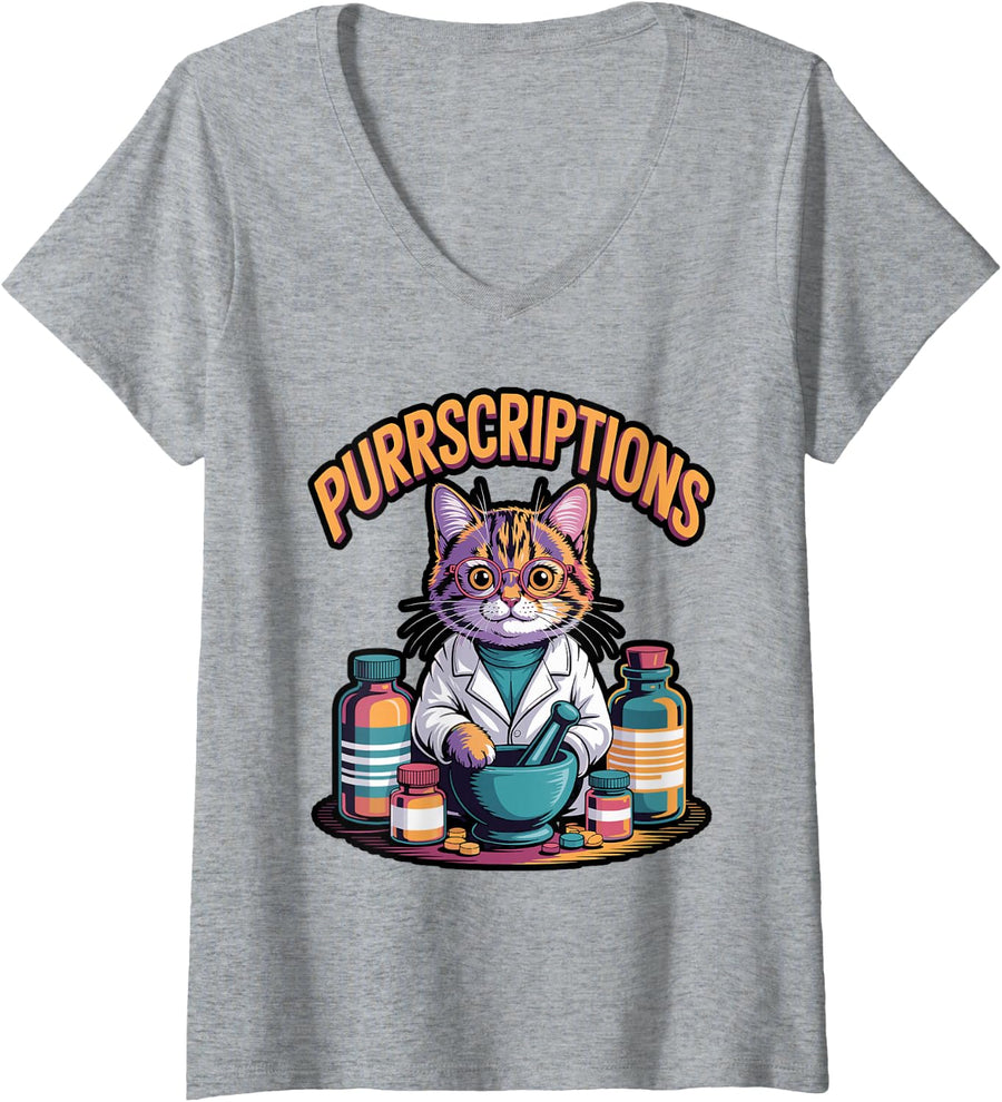 Women's Purrscriptions Funny Cat Pharmacy Pun Art V-Neck T-Shirt - Heather Grey