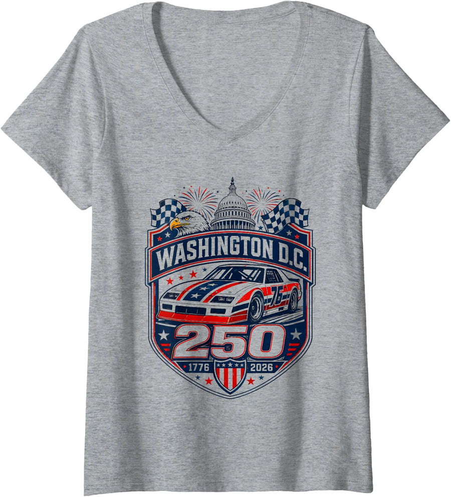 Women's Washington DC 250 Mile Stock Car Street Racing 1776 2026 V-Neck T-Shirt - Heather Grey