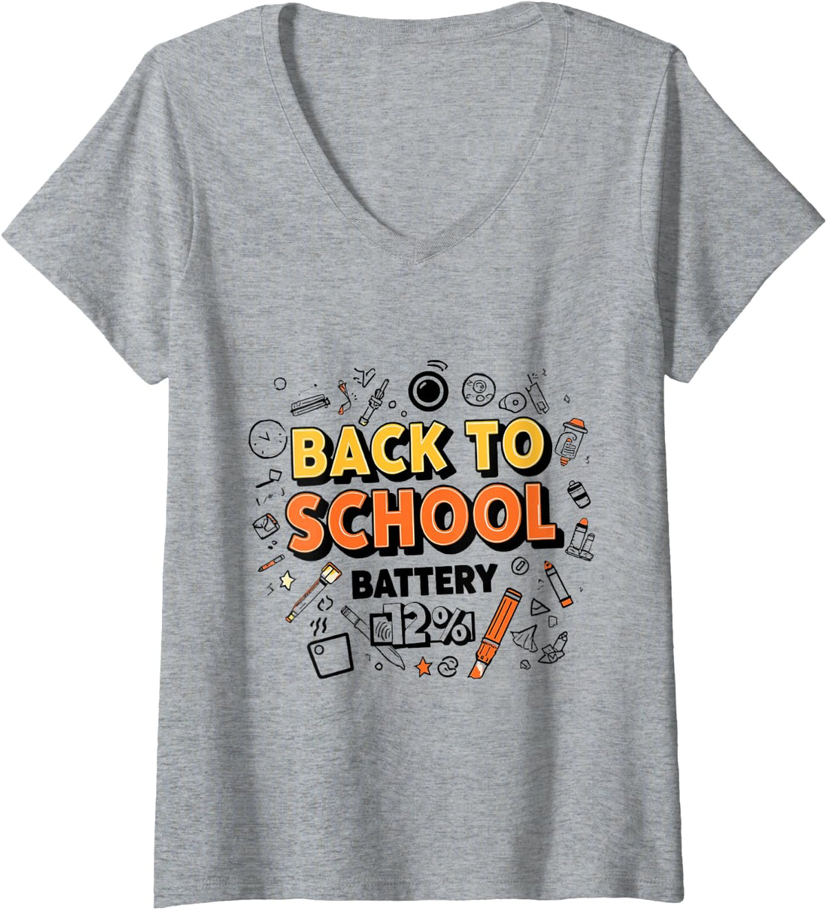 Women's Back to School Battery 12 Percent Teacher Humor V-Neck T-Shirt - Heather Grey