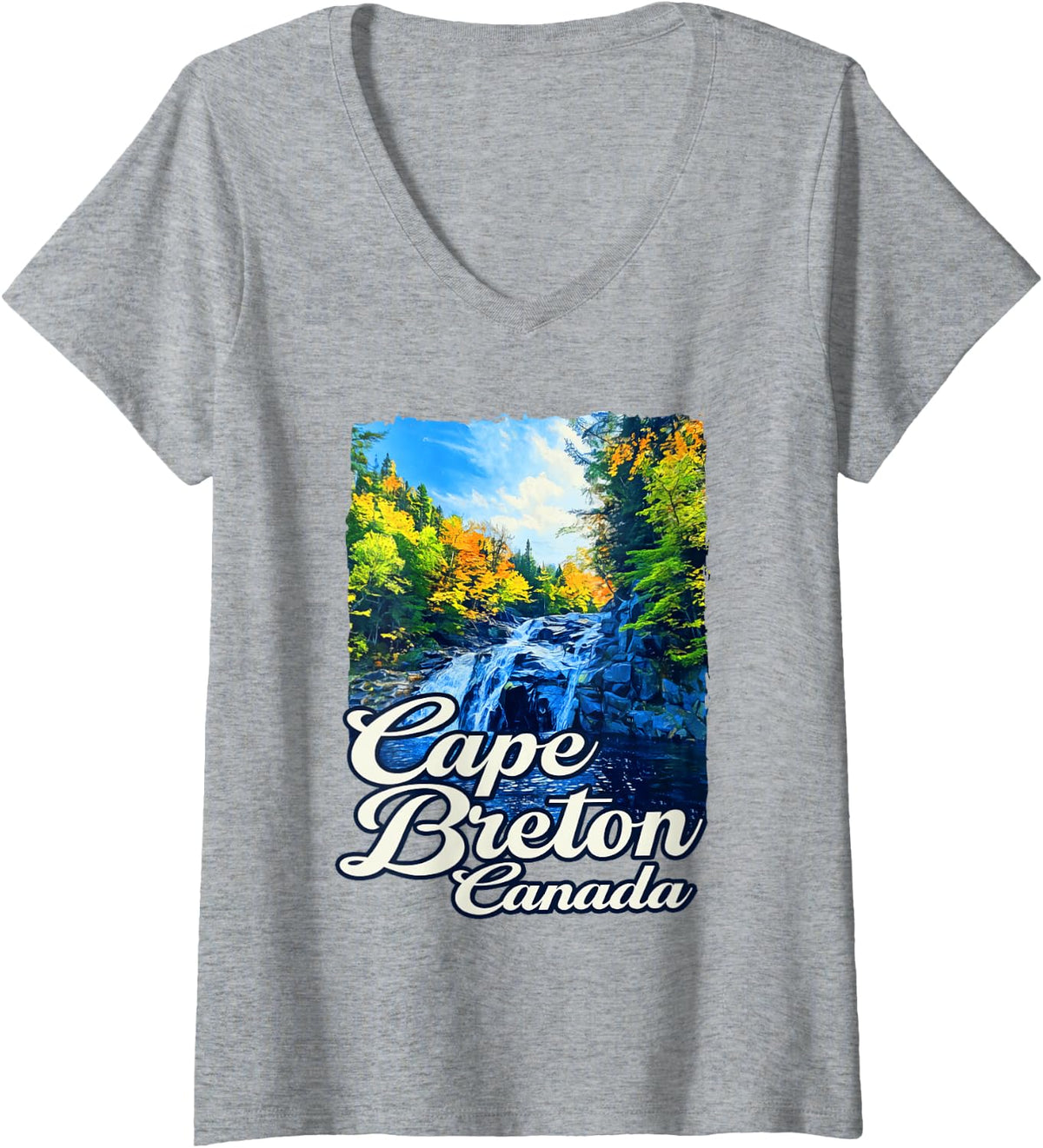 Women's Mountain Forest Cape Breton Canada Camping Hiking V-Neck T-Shirt - Heather Grey